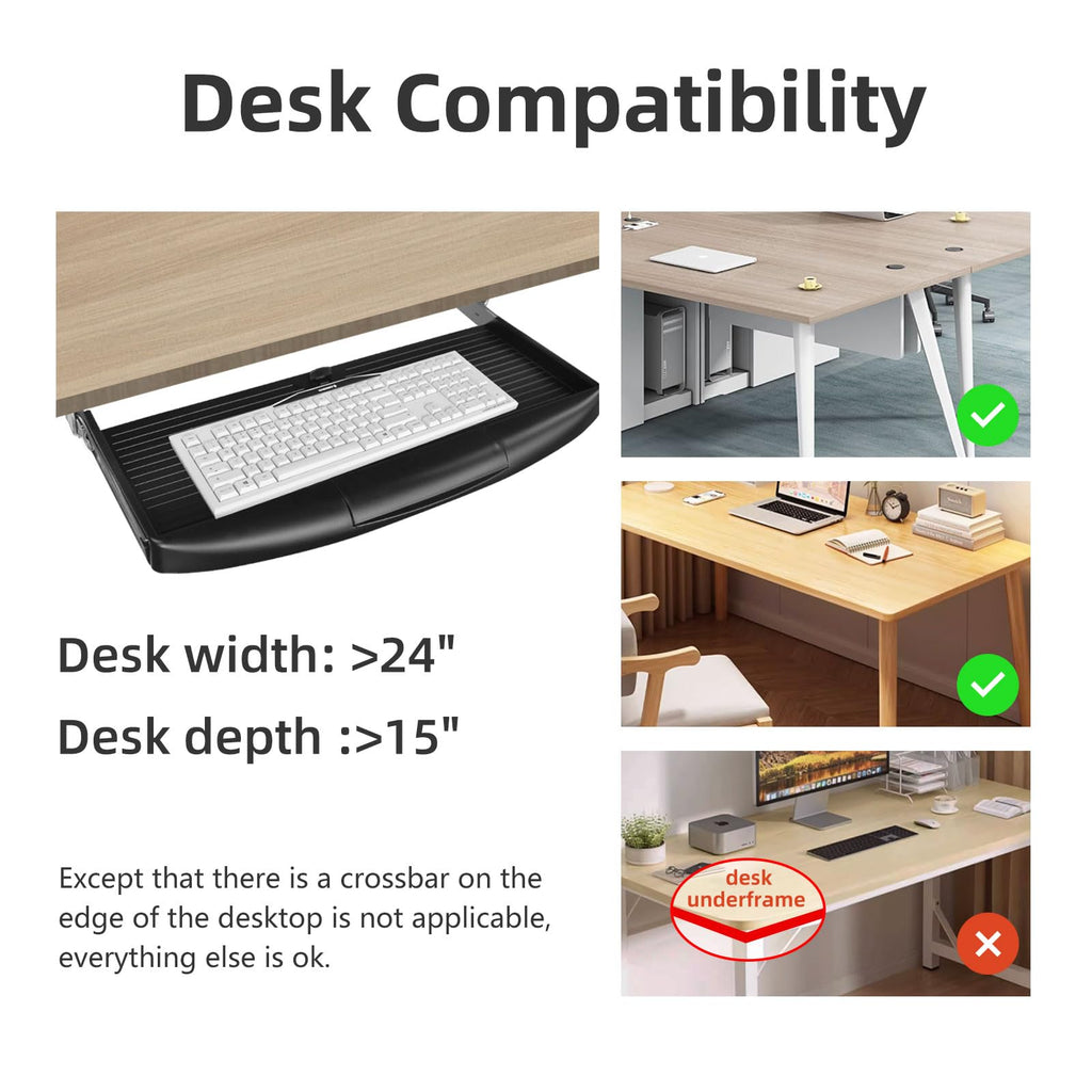 22"Wx11"D Under Desk Keyboard Tray Slide Out, Pull Out Keyboard Tray for Desk, Keyboard Holder Under Desk,Sturdy Keyboard Shelf Under Desk, Black Keyboard Drawer Desk Extender