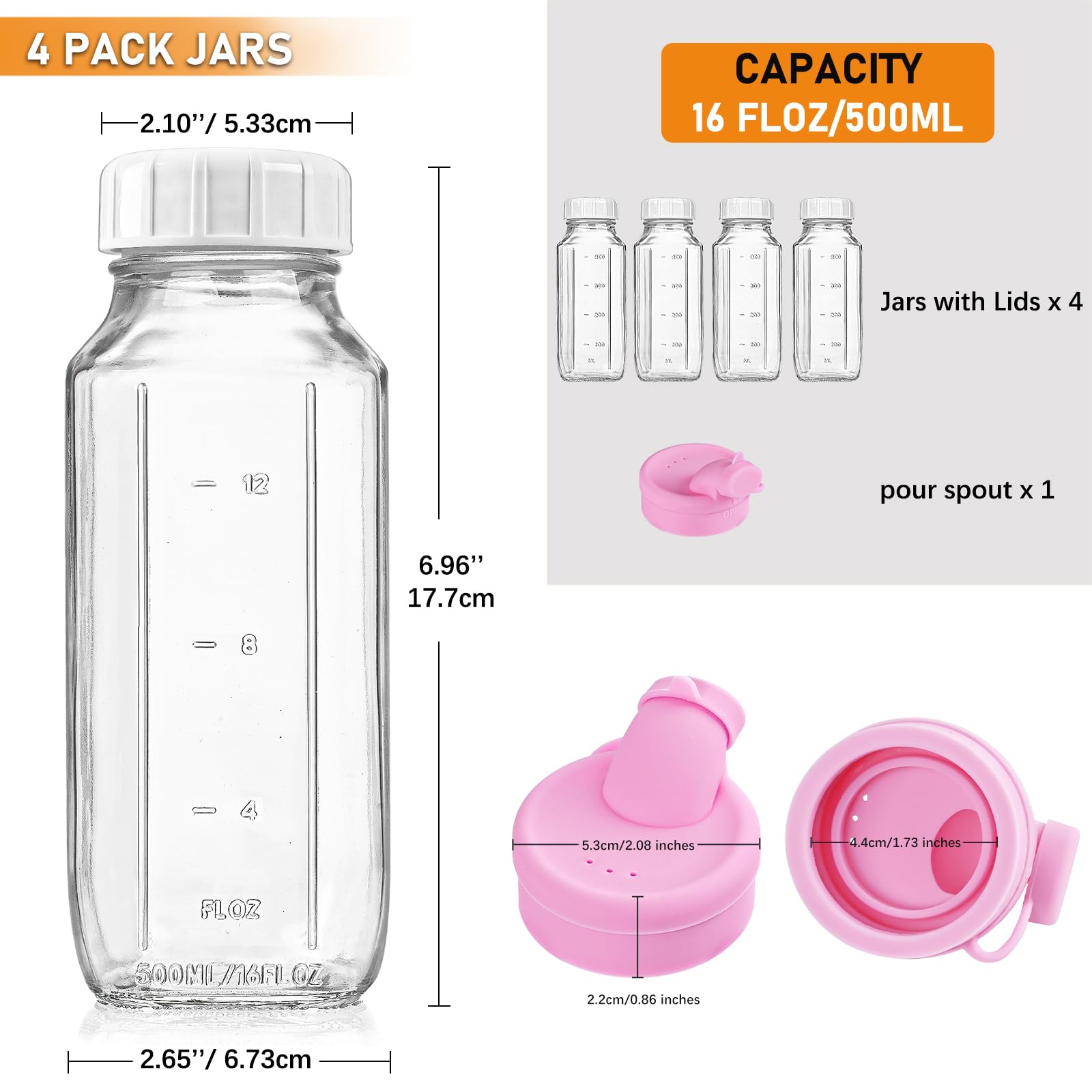 4 Pack 16 Oz Square Glass Bottles with A Silicone Dispenser Cap, Juice Bottles with Airtight Screw Lid, Glass Water Bottles with Capacity Marks, Milk Container for Fridge