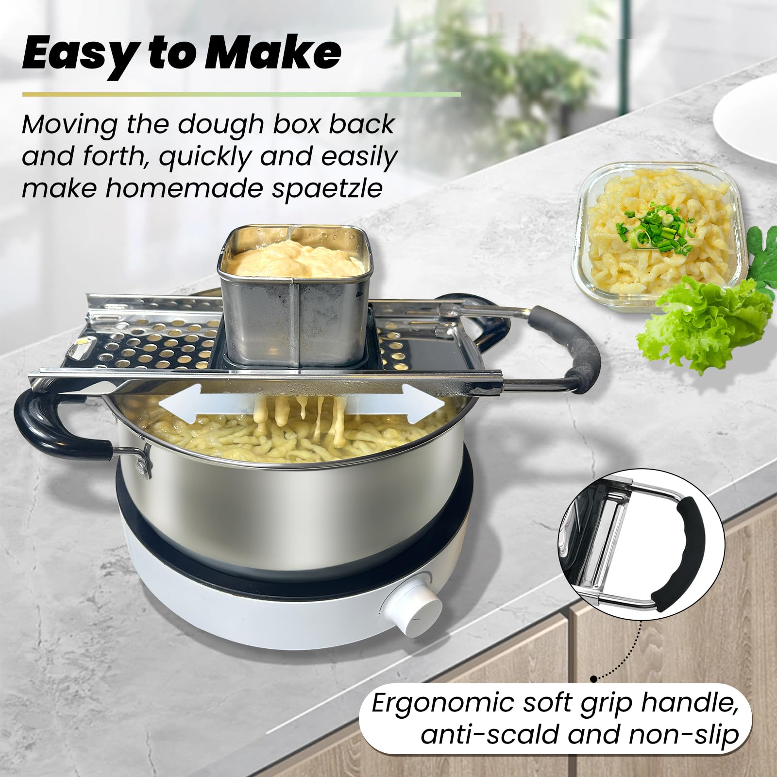 Spaetzle Maker,Stainless Steel Spaetzle Press with Comfort Grip Handle,Homemade Traditional German Egg Noodle Maker,Manual Pasta Noodle Dumpling Making Tool Set.