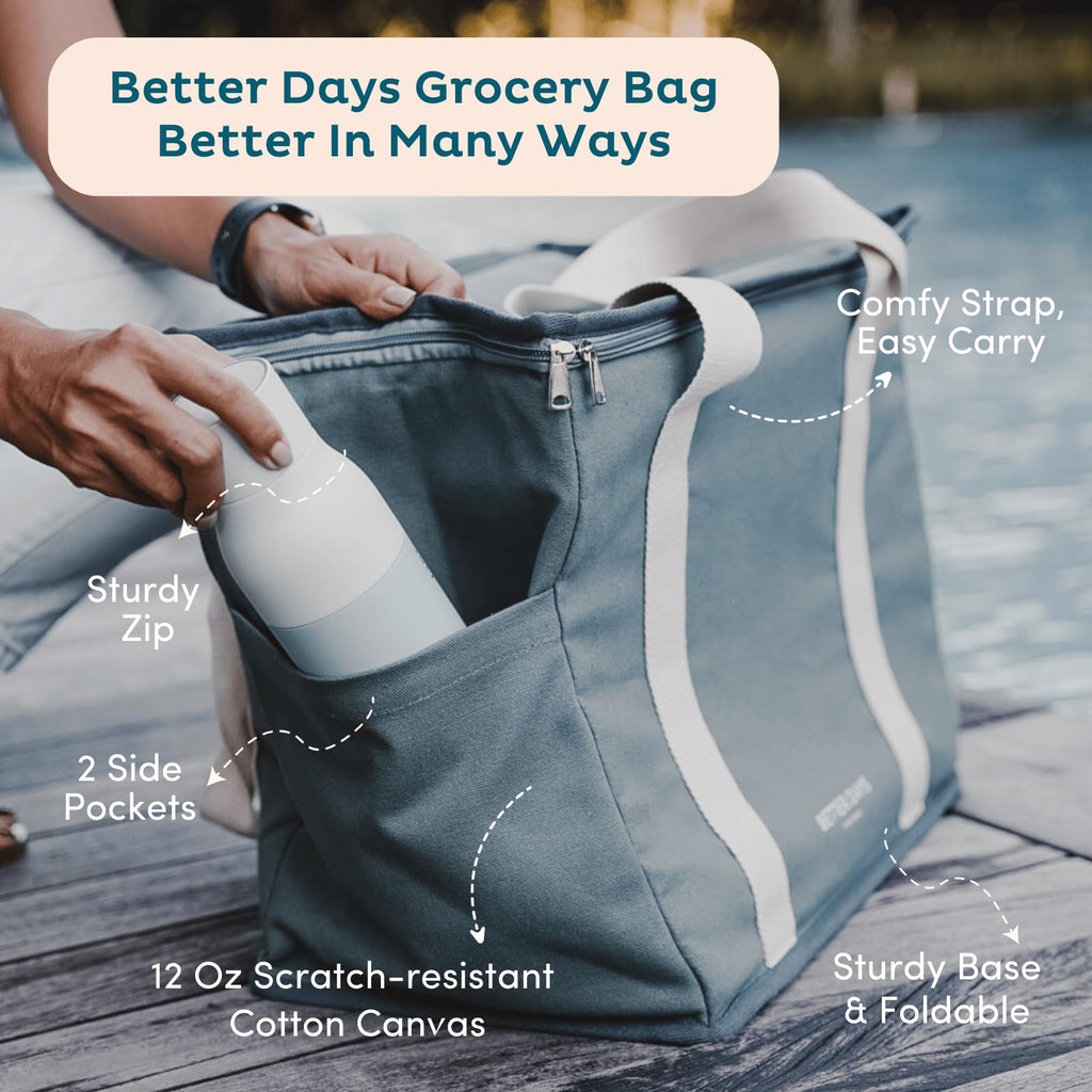 Nook Theory Insulated Grocery Bags, X-Large Reusable Grocery Bag with Zipper, Leak Proof Cooler Bag for Frozen and Hot Food, Perfect for Picnic and Travel (Deep Blue)