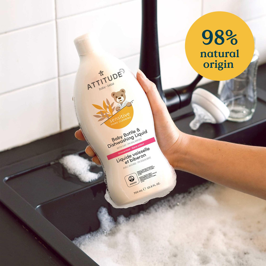 ATTITUDE Baby Bottle & Dish Soap with Oat Extract, EWG Verified Bottle Cleaner For Sensitive Skin, Fragrance Free & Dye Free, Removes Milk Residue & Grease, Vegan, Unscented, 700 mL