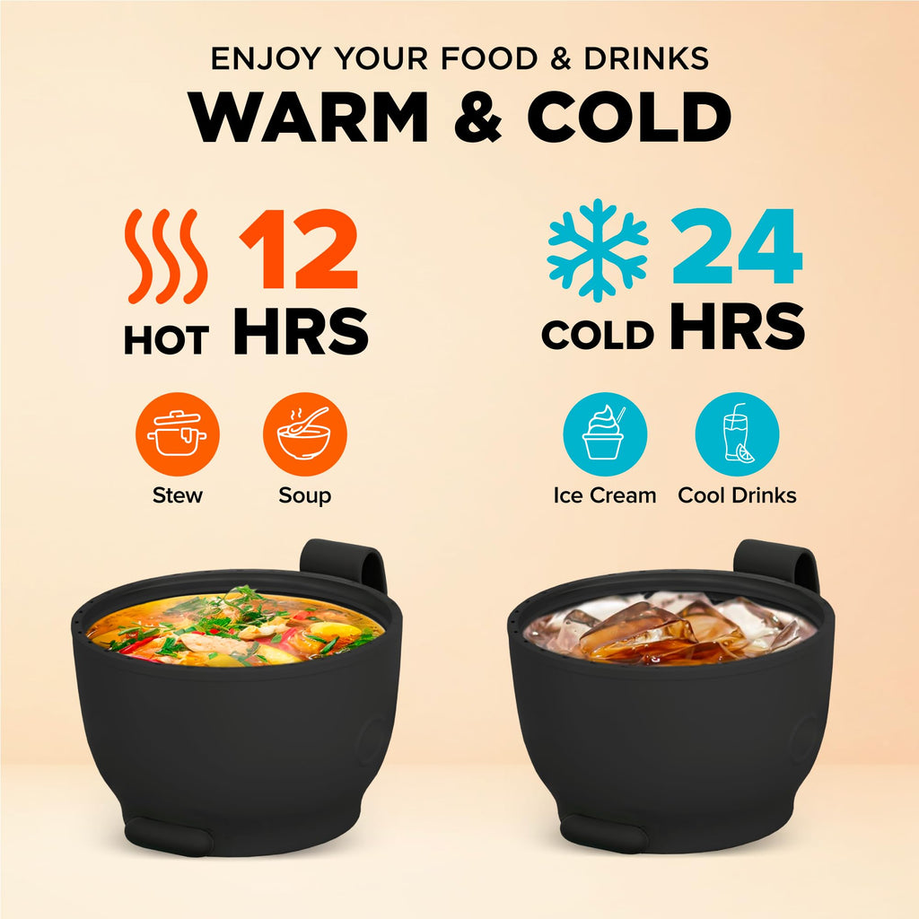 Vacuum Insulated Food Jar. Bowl incl. Folding Spoon, Cup. Wide Mouth Keep Hot & Cold Drinks Soup Lunch Container for Adults. BPA-Free Stainless Steel, Leak Proof Black Matte, 17oz