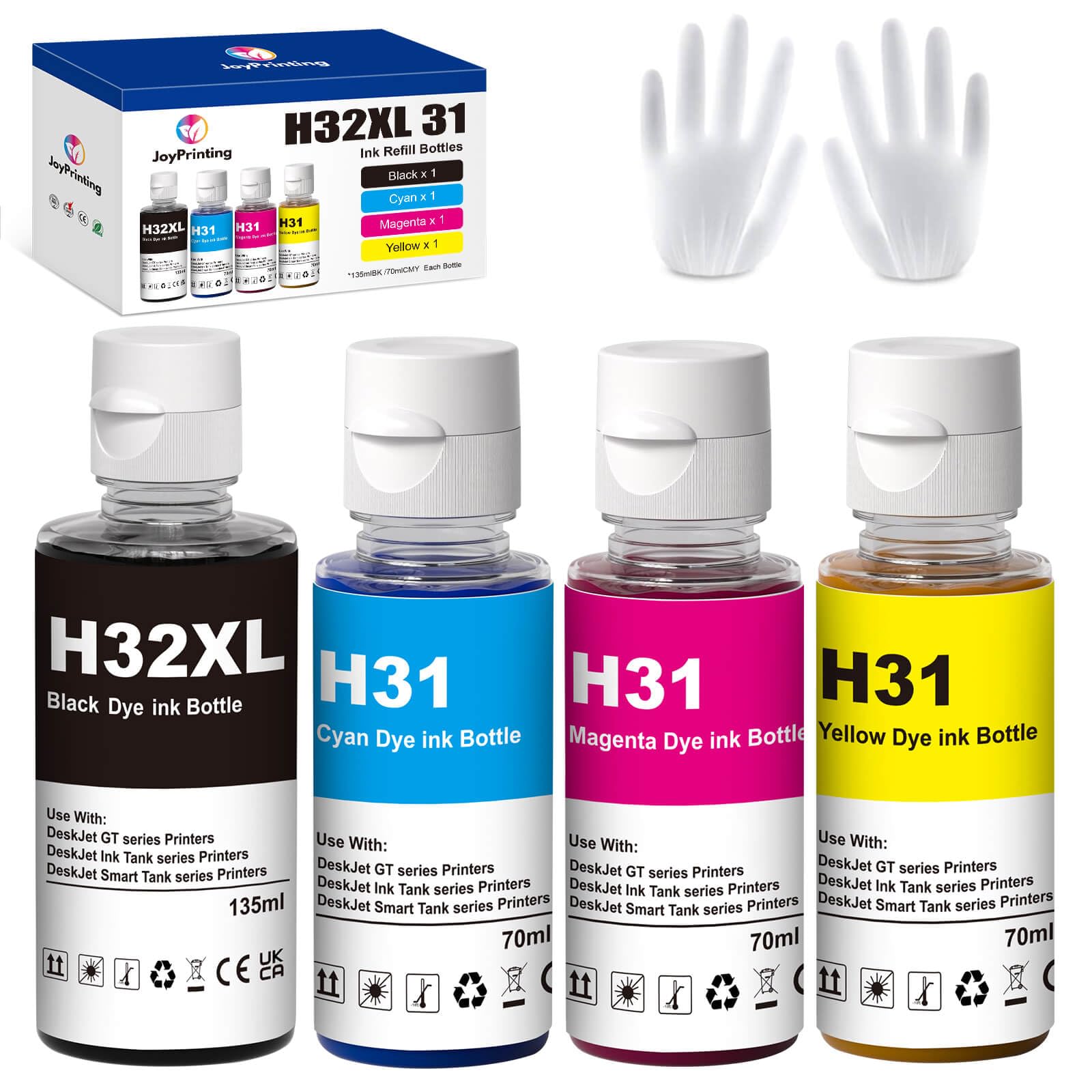 JoyPrinting 31 Ink Bottle Set 32XL Black Ink Bottle Compatible with HP 31 32XL Ink Bottle Set Work for HP Smart Tank 6001 7301 7602 7001 5000 5101 5102 5103 651 551 455 457 450 (4 Pack)
