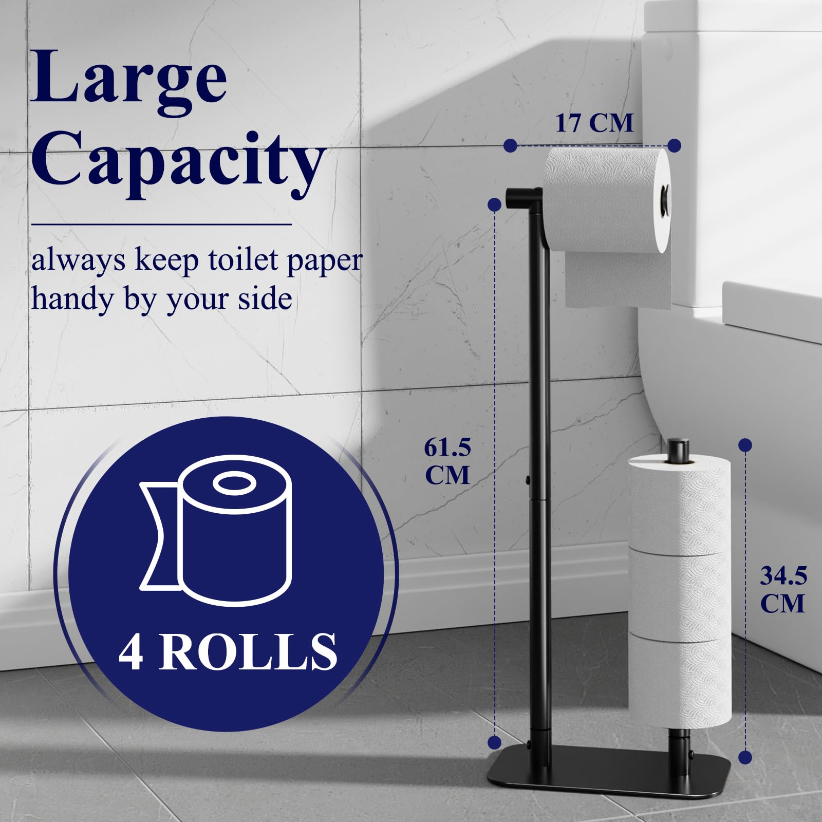 Kitsure Toilet Paper Holder - Large Capacity Standing Toilet Paper Holder for 4 Rolls, Rustproof Roll Storage Stand with Non-Slip Stable Base for Bathroom, Black，Large