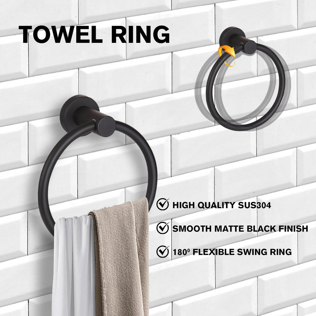 H Hawsam 8pcs Bathroom Accessories Set Black Towel Rack Bathroom Set Include 15.75'' Bathroom Towel Holder,Toilet Paper Holder,Towel Ring,Towel Hooks,SUS304 Stainless Steel Bathroom Hardware Set