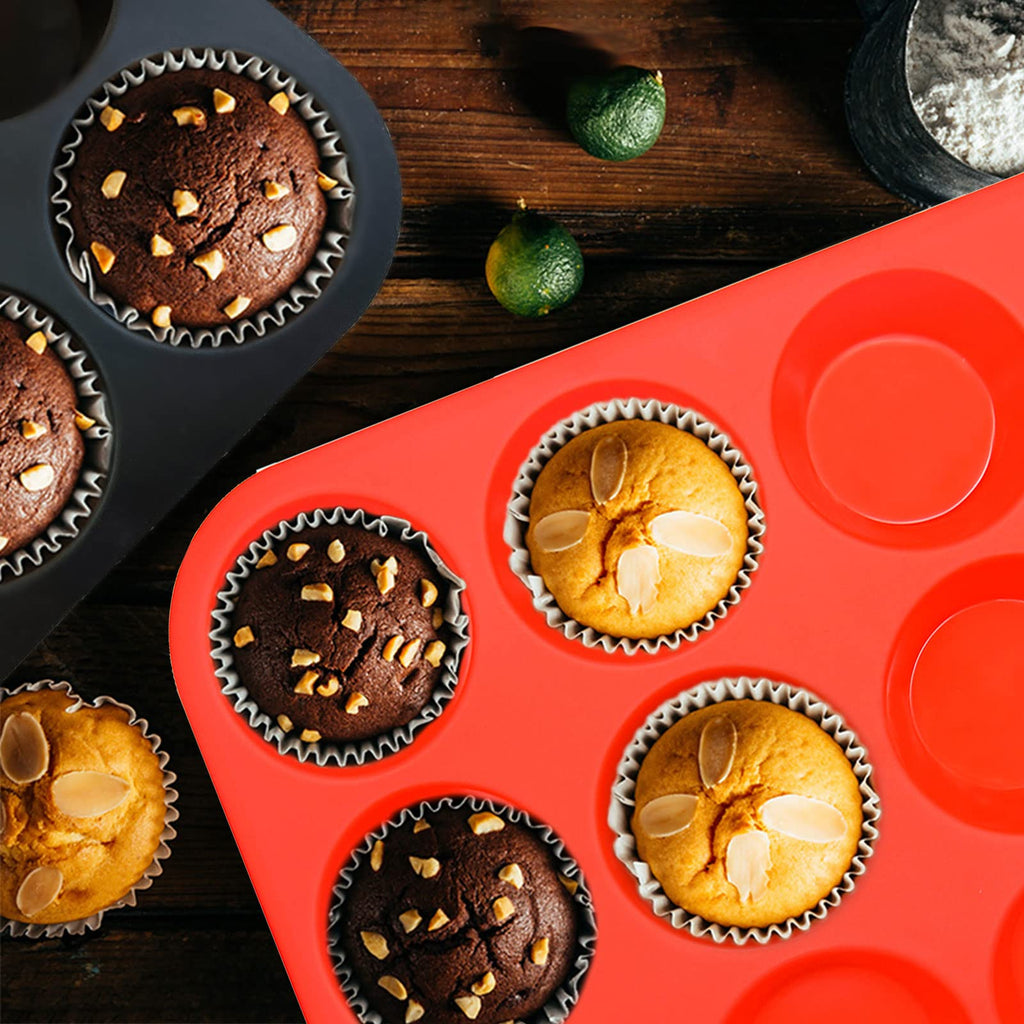 Bongpuda Silicone Muffin Pan,2 Pack 2.8" 12 Cups Silicone Egg Bites Pan,Non-Stick,Easy to Release,BPA Free,for Egg Muffins,Cupcakes, Tarts, Breads (Black + Red)