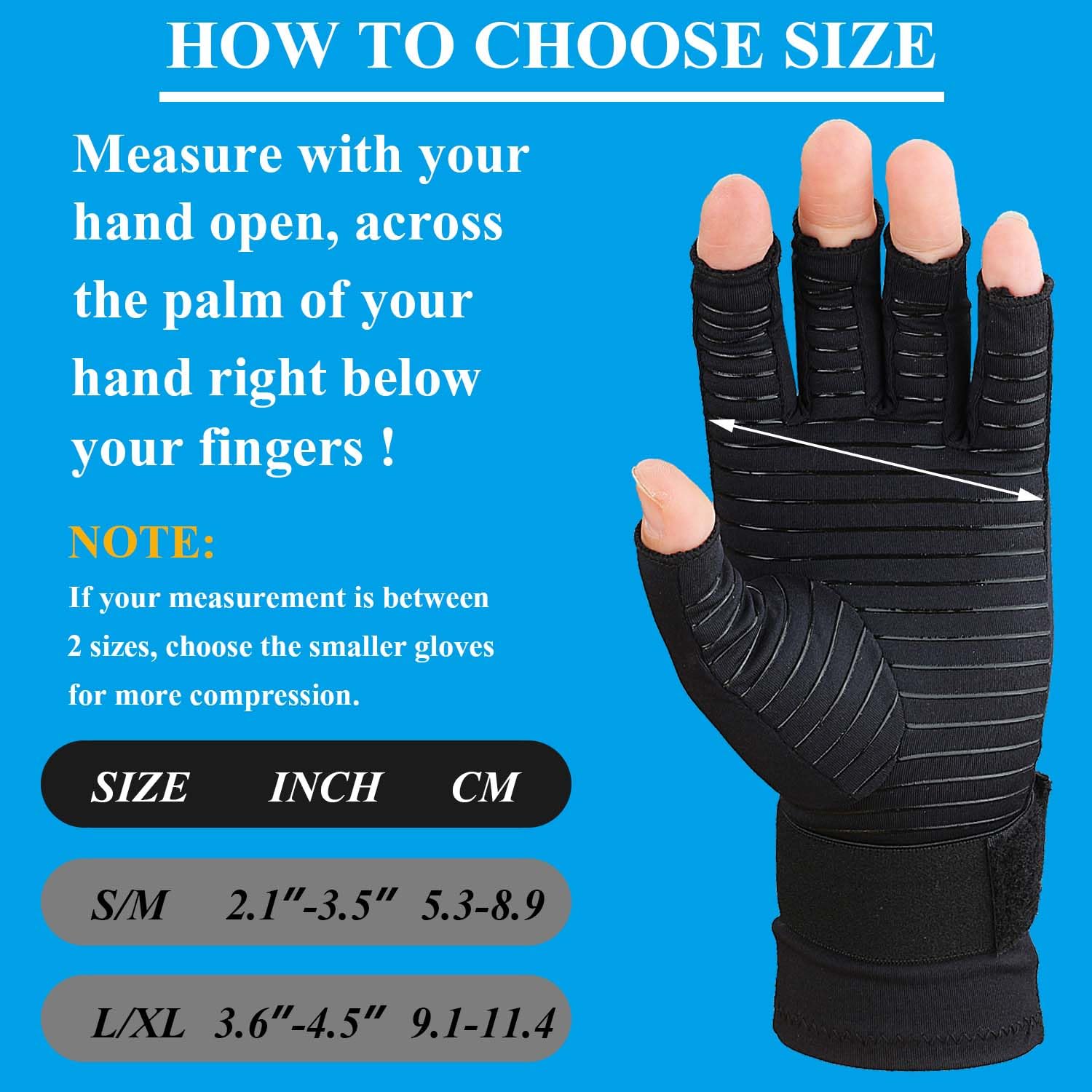 2 Pairs Copper Arthritis Gloves for Women Men, Fingerless Compression Gloves Relieve Hand Pain, Typing Gloves for Arthritis, Carpal Tunnel, Tendonitis, RSI with Adjustable Wrist Strap (Small/Medium)