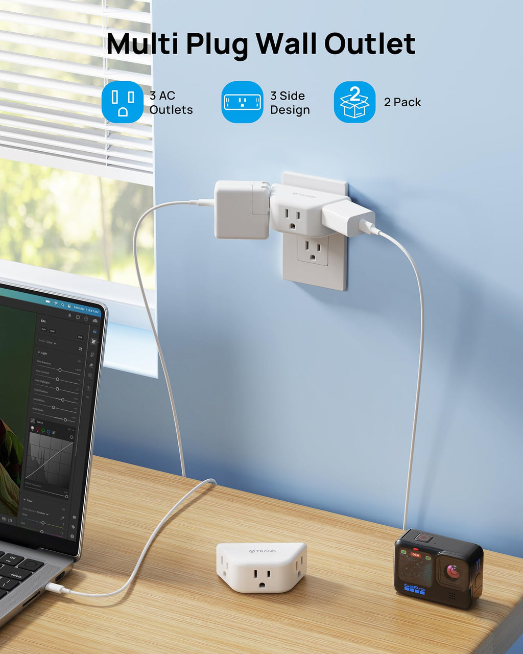 TROND 2 Pack Multi Plug Outlet Extender, 3 Way Angled Outlet Splitter, Cruise Ship Travel Essentials, Power Mutiplug Expander, Small Multiple Wall Plug for Home Office Dorm Room Accessories, White