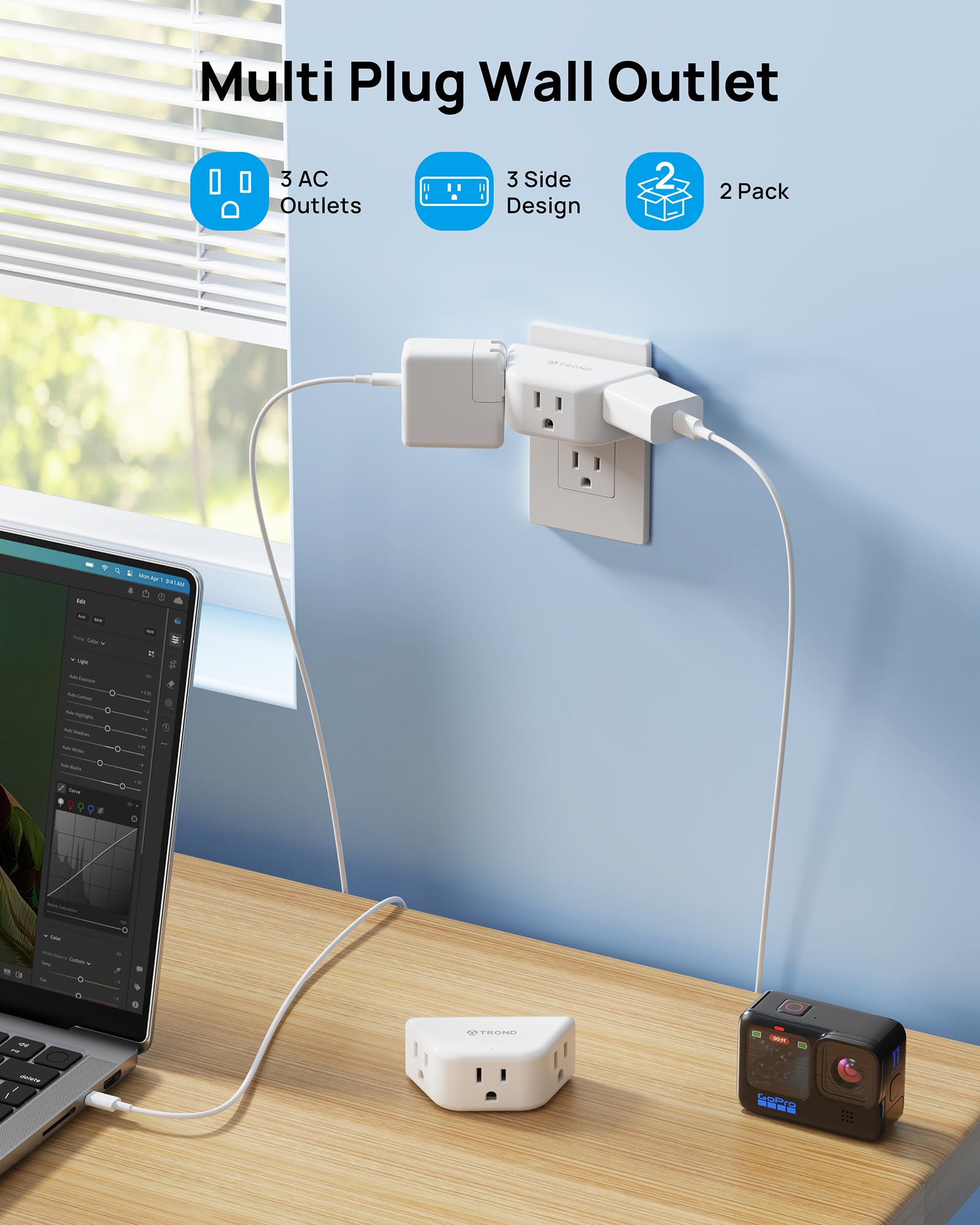 TROND 2 Pack Multi Plug Outlet Extender, 3 Way Angled Outlet Splitter, Cruise Ship Travel Essentials, Power Mutiplug Expander, Small Multiple Wall Plug for Home Office Dorm Room Accessories, White