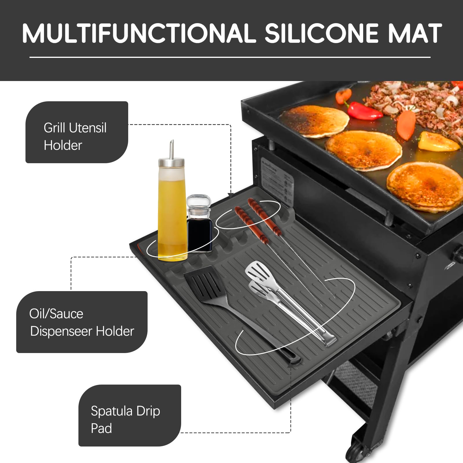 Silicone Grill Barbeque Mat for Blackstone, Large Spatula Tools With Drip Pad, Griddle Mat for Outdoor Cooking, Kitchen Counter (Light Grey)