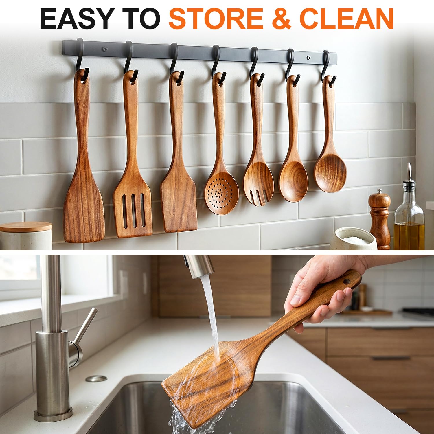 7 Pcs Acacia Wood Cooking Utensils Set Large Wooden Spoons for Cooking Spatula Salad Spoon Salad Fork Slotted Spoon Mixing Spoon Flat Spatula Turner Kitchen Utensils