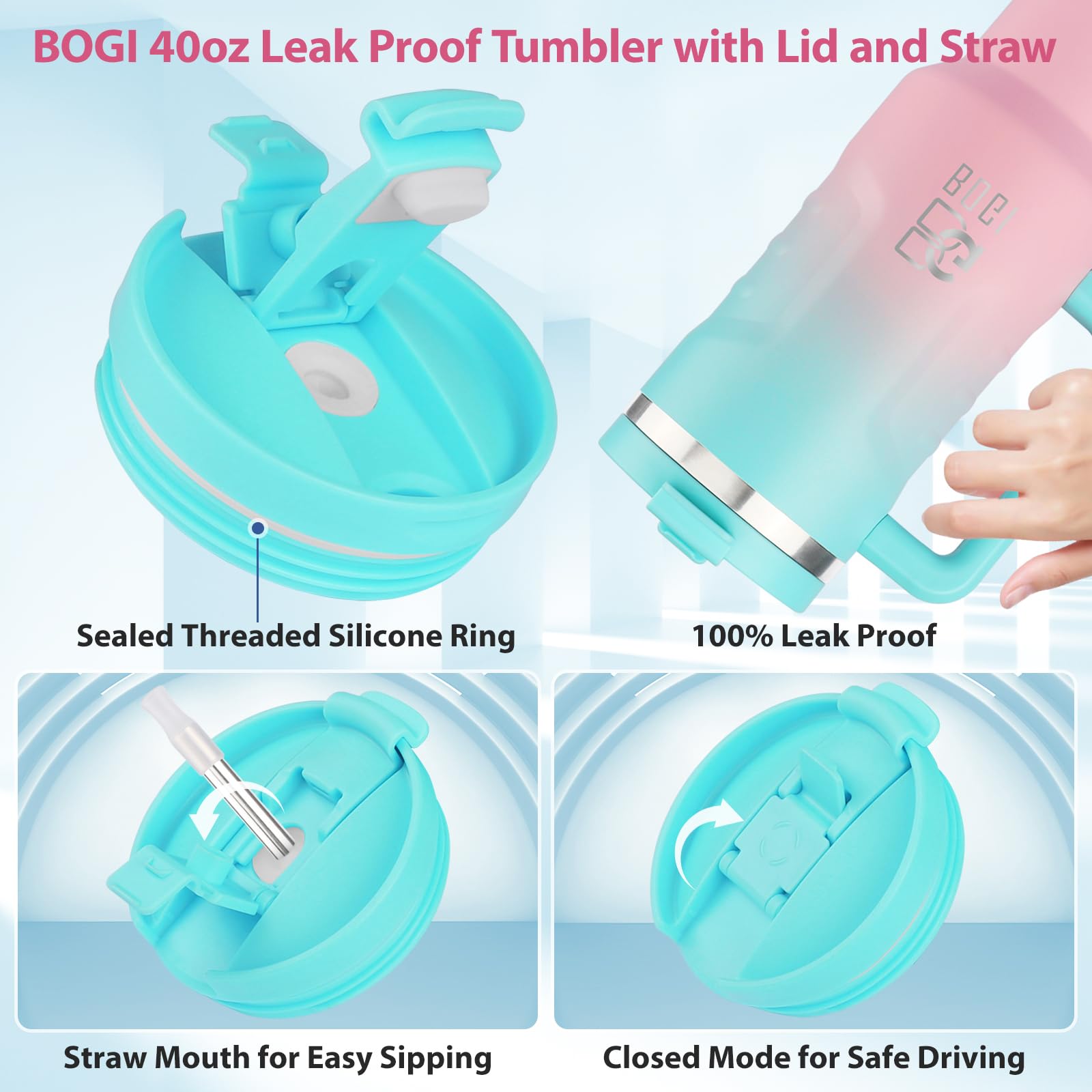 BOGI 40oz Tumbler with Straw and Lid, Insulated Tumbler with Handle for Hot and Cold Drinks Double Wall Stainless Steel Tumbler with 2 in 1 Air Tight Lid Leak Proof Travel Mug | Sky Blue Pink