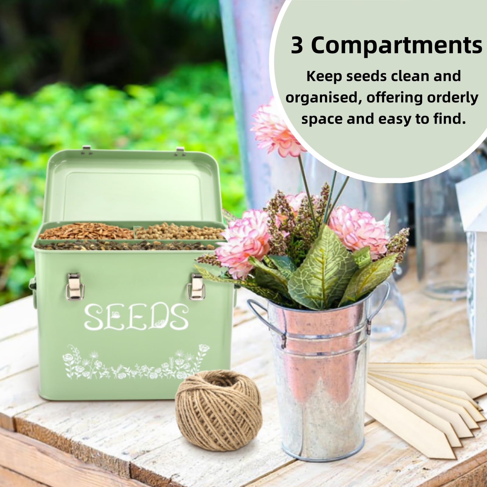 Covzoe Seed Storage Box, Metal Seed Packet Organizer with Garden String and 10 Wood Plant Labels, 3 Compartment Seed Saving Container with Lid, Seed Organizer Tin for Gardeners, Green