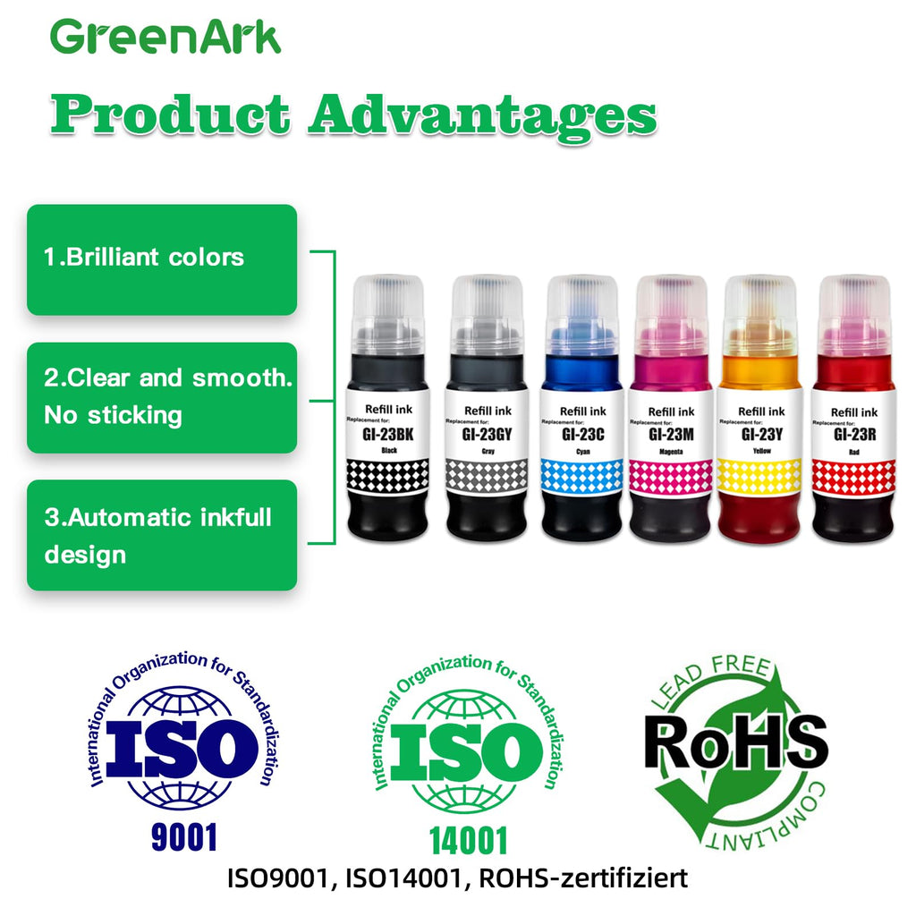 GREENARK GI-23 GI23 Ink Compatible for Canon GI-23 Refill Bottle Ink Replacement for Canon PIXMA G620(6 Packs, Black Cyan Magenta Yellow Red Gray)