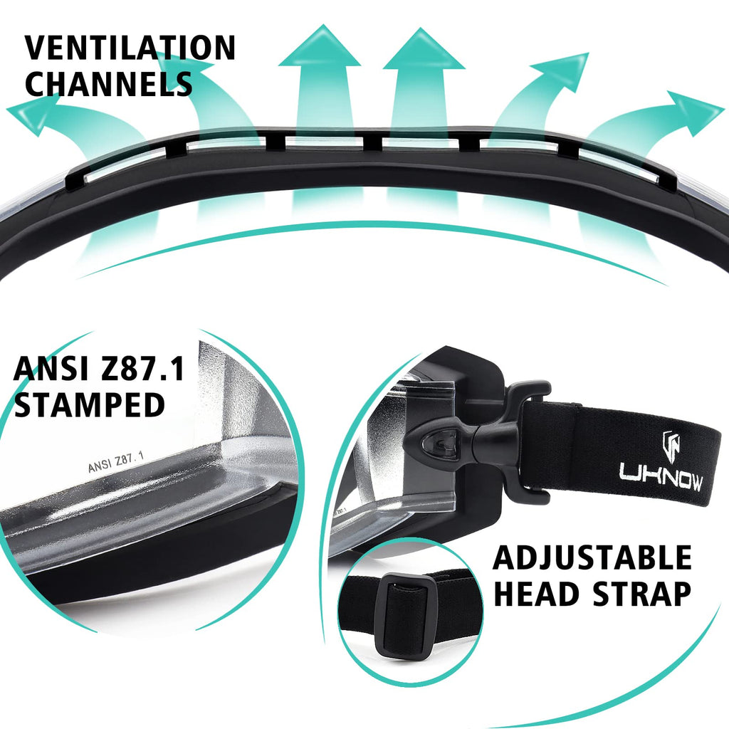 UKNOW Safety Goggles Over Glasses - Anti-Fog Clear Lens - ANSI Z87.1 Certified Eye Protection for Lab Work, Industrial Use