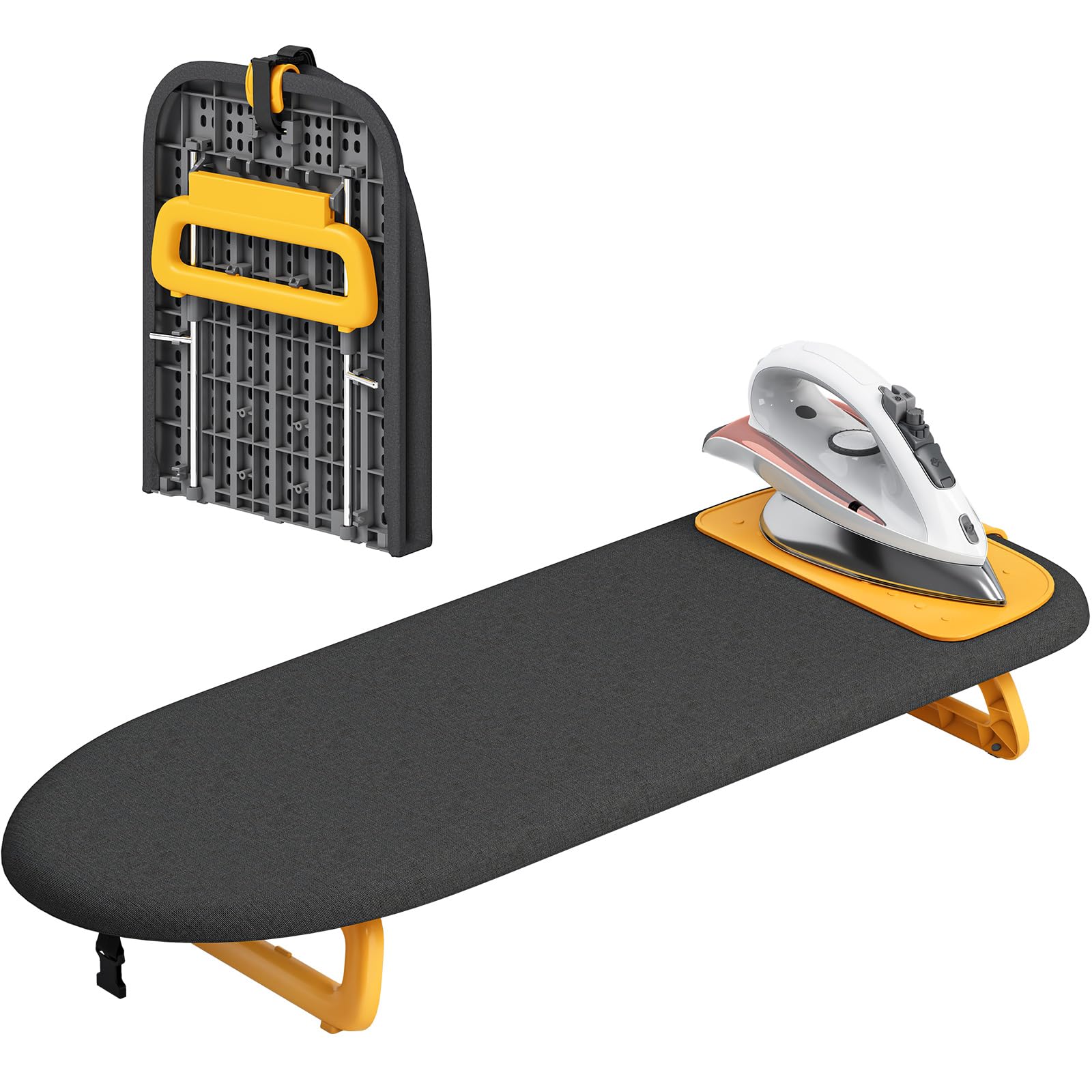 APEXCHASER Ironing Board Foldable with Orange Silicon Iron Mat, Tabletop Small Iron Board with Heat Resistant Cover, Portable Ironing Board with Non-Slip Feet for Home Travel Use 12x32 Black