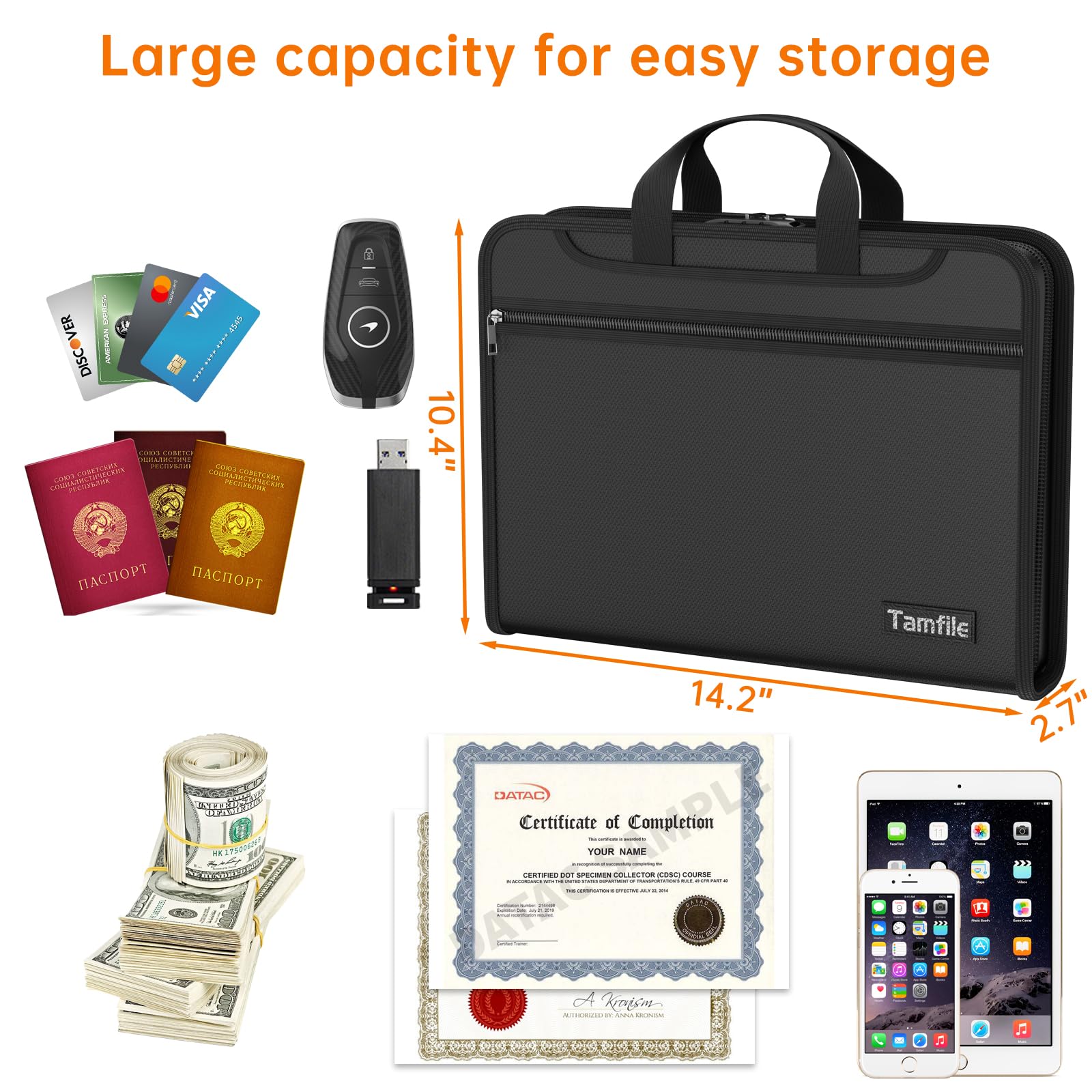 Fireproof Accordion File Organizer with Lock, Thickened Document Organizer 13 Pocket with Zipper & Labels, Important Document Organizer, Expanding File Foler with Handle for Letter A4 Files (Black)