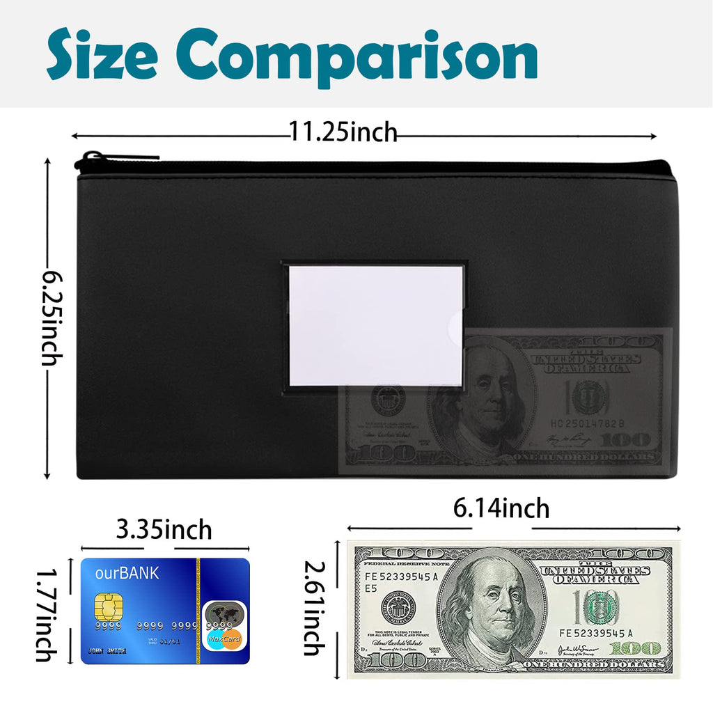 NICKANG Black Money Bags with Zipper for Cash | 11.25" x 6.25" | 6 Pack | Bank Deposit Bags with Zipper, Money Pouches for Cash, Cash Register Bags. (6 Black)