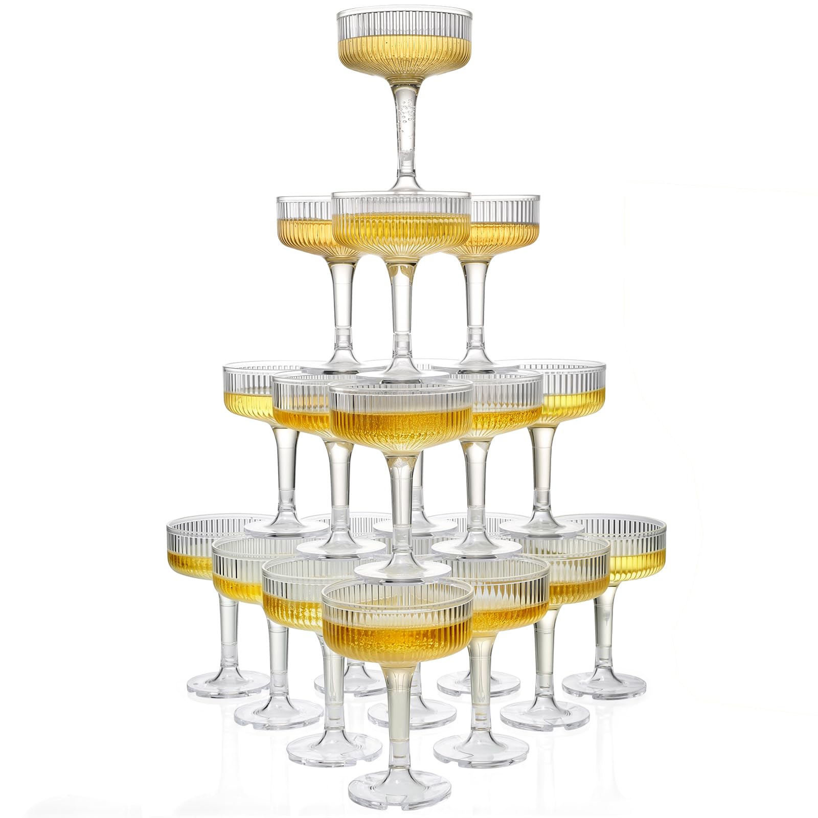 Goodluck Champagne Tower 4-Tier, 7oz Set of 20 Clear Champagne Flutes Plastic,Butterfly Shape with Vertical Stripes for Weddings, Celebrations, Parties & Birthdays