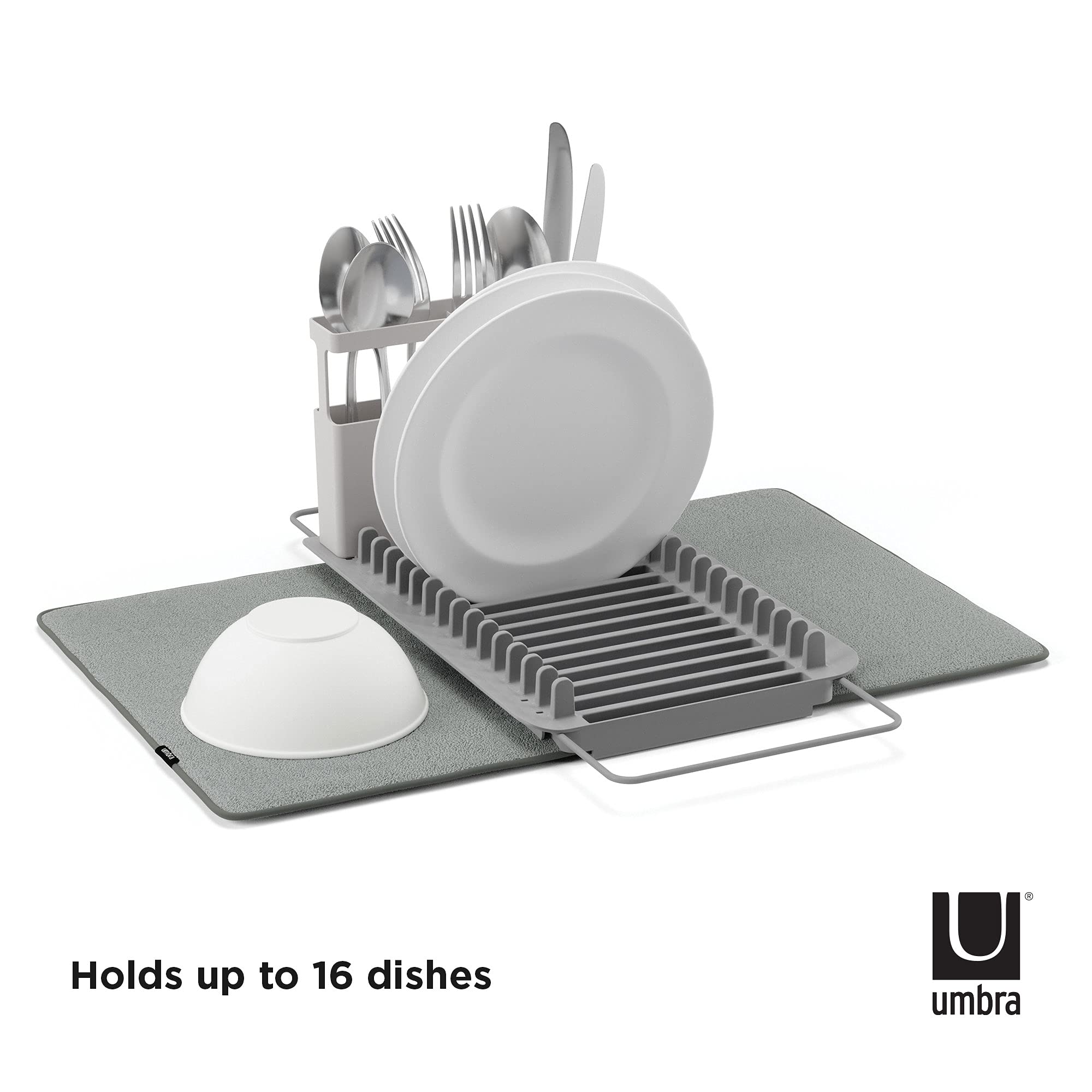 Umbra Udry Dish Rack and Microfiber Drying Mat – Space-Saving Design Folds Up for Easy Storage, Over-Sink Rack, Gray