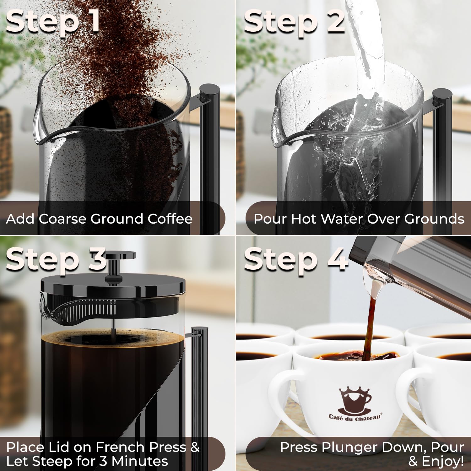 French Press Coffee Maker 34oz – Stainless Steel & Glass Coffee Press with 4-Level Filtration, BPA-Free Cafetiere for Camping or Home – Large, Durable for Hot & Cold Brew