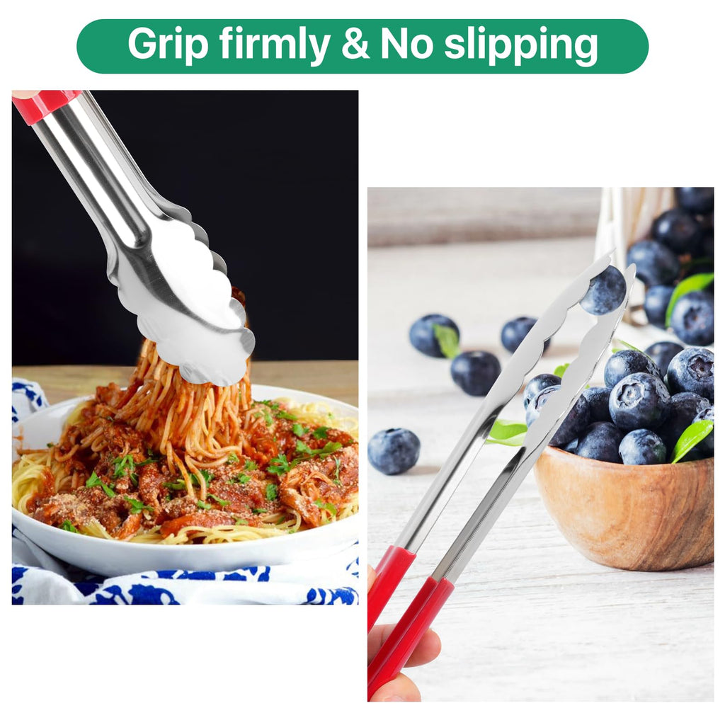 Worldity 10 Pack 9 in Kitchen Tongs, Heat Resistant Stainless Steel Serving Tongs with Non-Slip Handle, Red Serving Tong for Cooking, BBQ, Buffet, Dinner