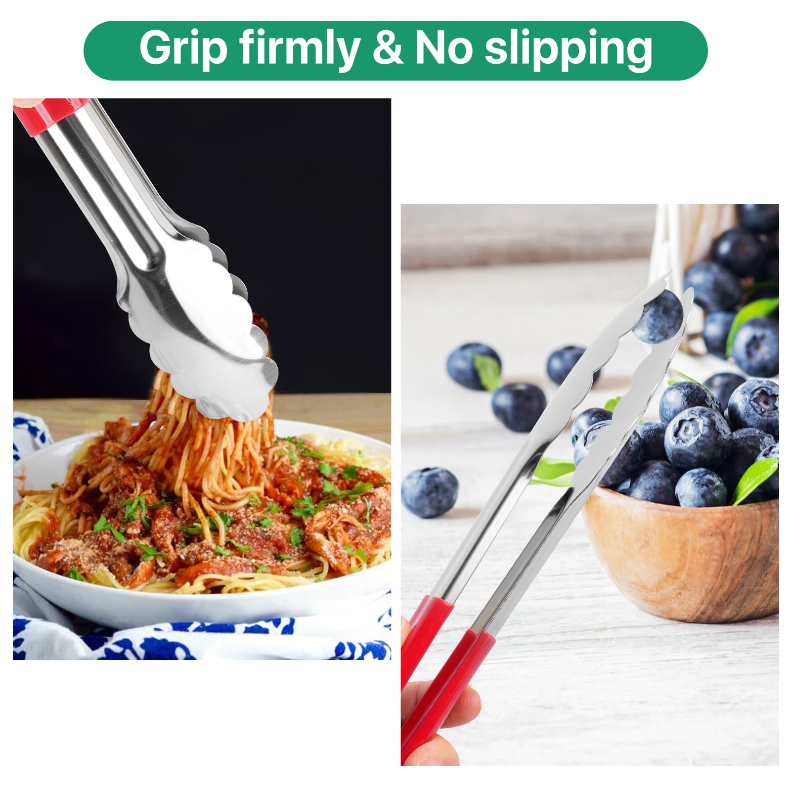 Worldity 10 Pack 9 in Kitchen Tongs, Heat Resistant Stainless Steel Serving Tongs with Non-Slip Handle, Red Serving Tong for Cooking, BBQ, Buffet, Dinner