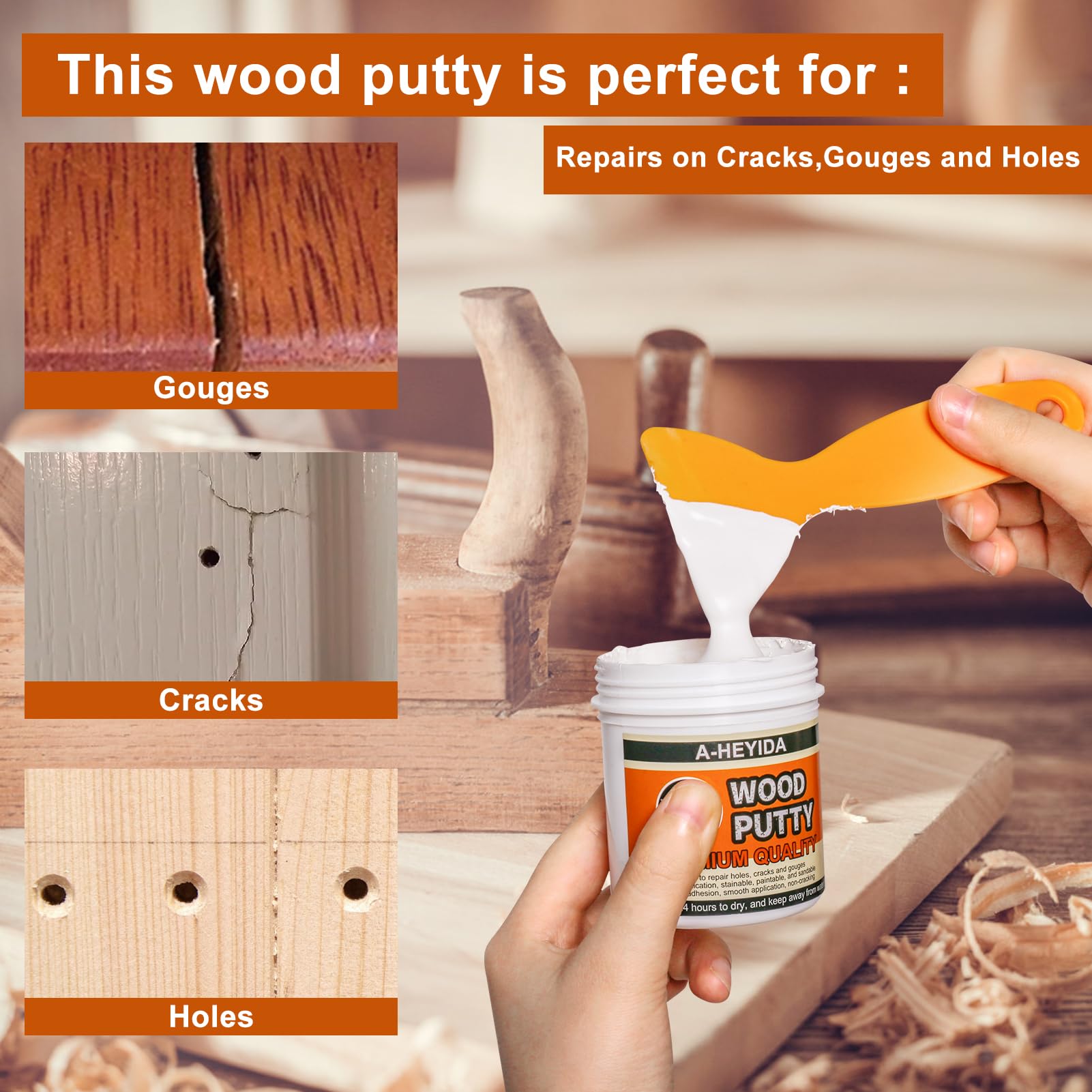 A-HEYIDA Wood Filler - White Wood Putty for Trim, 9.87 Ounce Wood Filler Repair Putty Paintable & Stainable, Restore Wood Cracks and Holes on Laminate Hardwood Vinyl Floor Furniture
