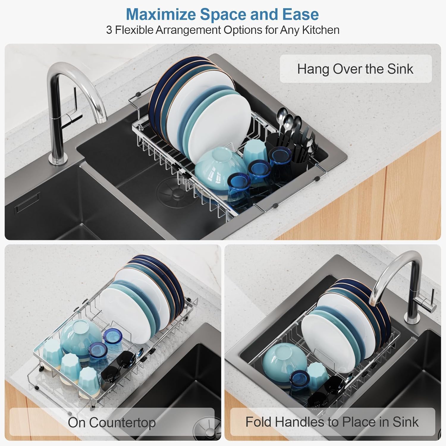 GSlife in Sink Dish Drying Rack - Stainless Steel Capacity Expandable Over The Sink Dish Drainer with Lock Knob and Utensil Holder for Kitchen Sink, 27.4-45.5 L x 32.5 W x 14.5 H cm, Silver