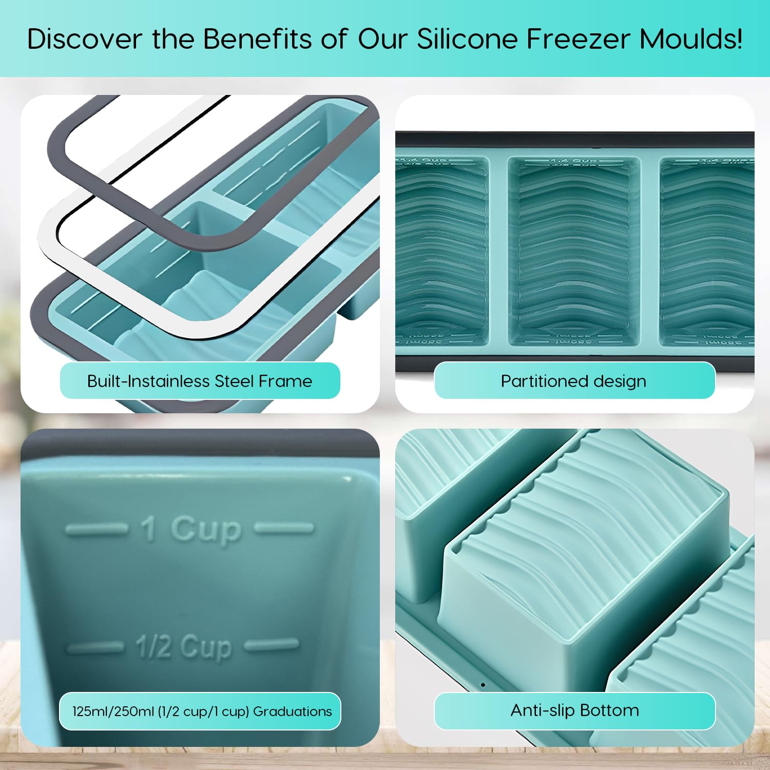 2 Pack Silicone Soup Freezer Containers with Lids, Soup Freezer Mold, Ice Trays for Freezer, Ice Cube Tray for Storing 250mL/125mL Broth, Soup, Leftovers, Sauce, Makes 8 1-Cup Portions Cubes