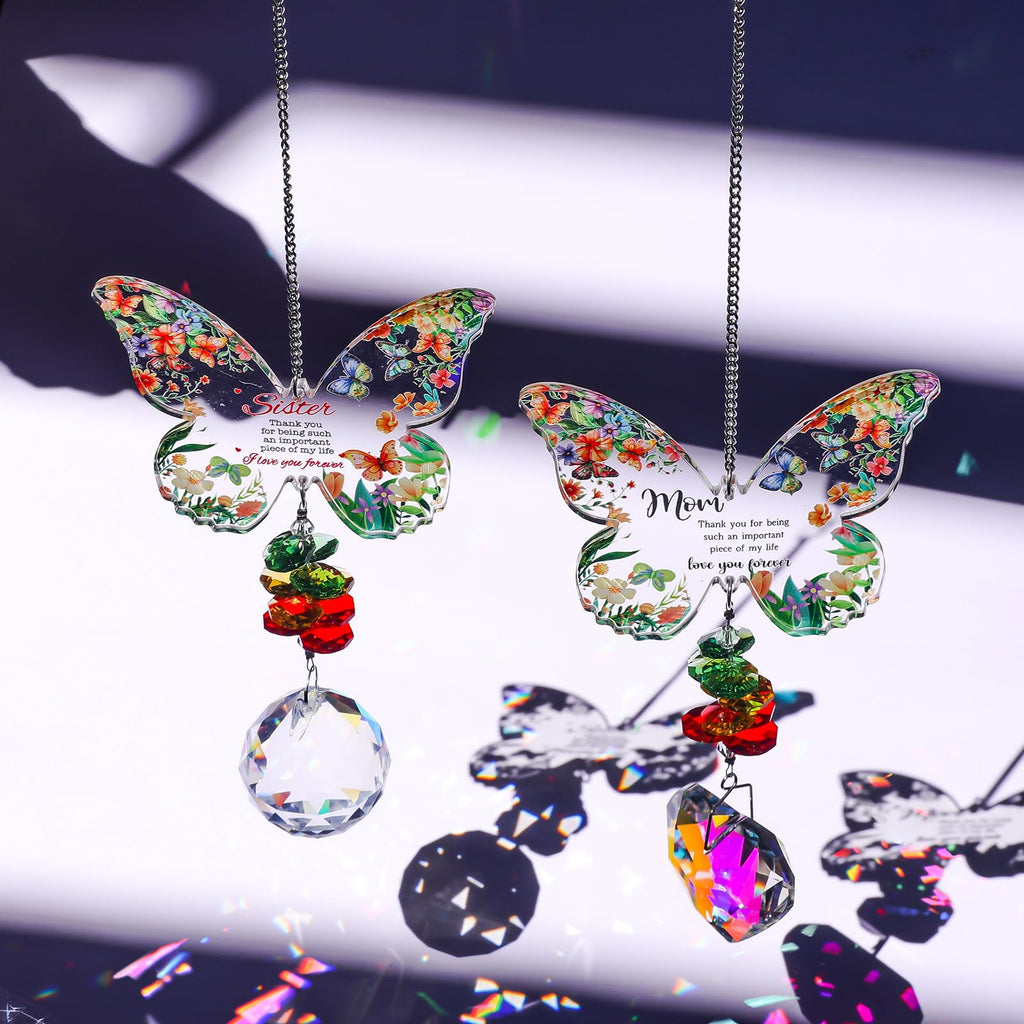 Yimofy Butterfly Crystal Sun Catcher with Grateful Message Sister Christmas Birthday Gifts from Sister Brother, Hanging Crystal Suncatcher Ornament Rainbow Maker for Window Garden Decor