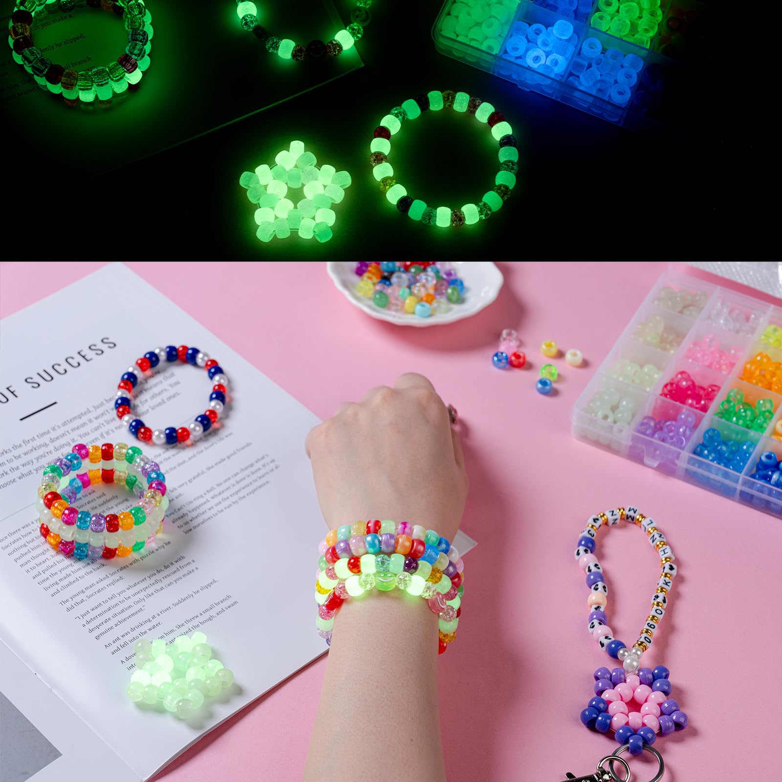 SJZWSD 5 Boxes Bracelet Making Kit Pony Beads, 6x9mm Kandi Rave Beads & Hair Beads Set with UV Color Changing, Glow-in-Dark, Chrome & Alphabet Letters for Friendship Jewelry DIY Crafts