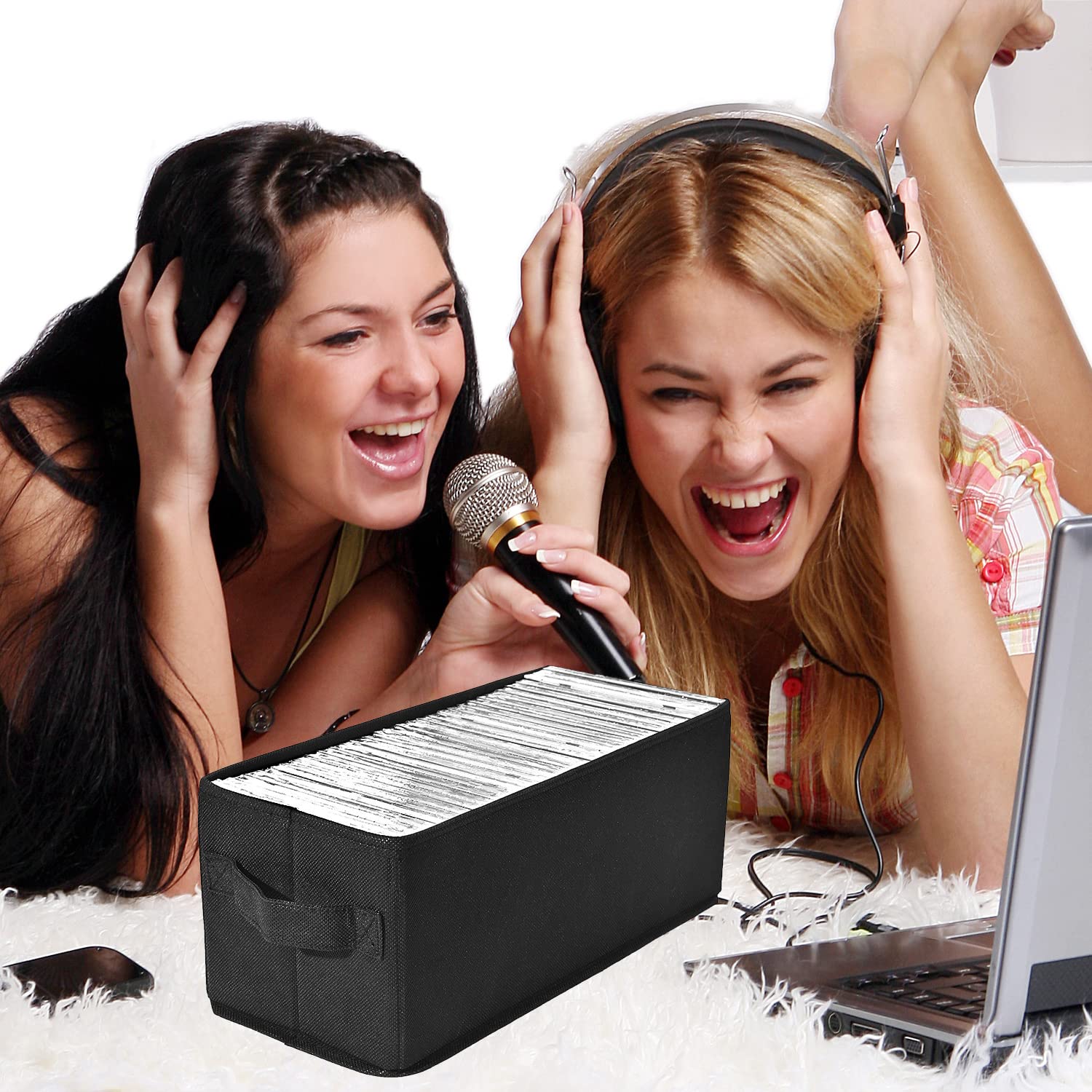 CD Storage Box with Lid,Stackable CD Case Holder with Handles for Dust Protection, Portable CD Organizer for Music Collection (Black, 2pack)