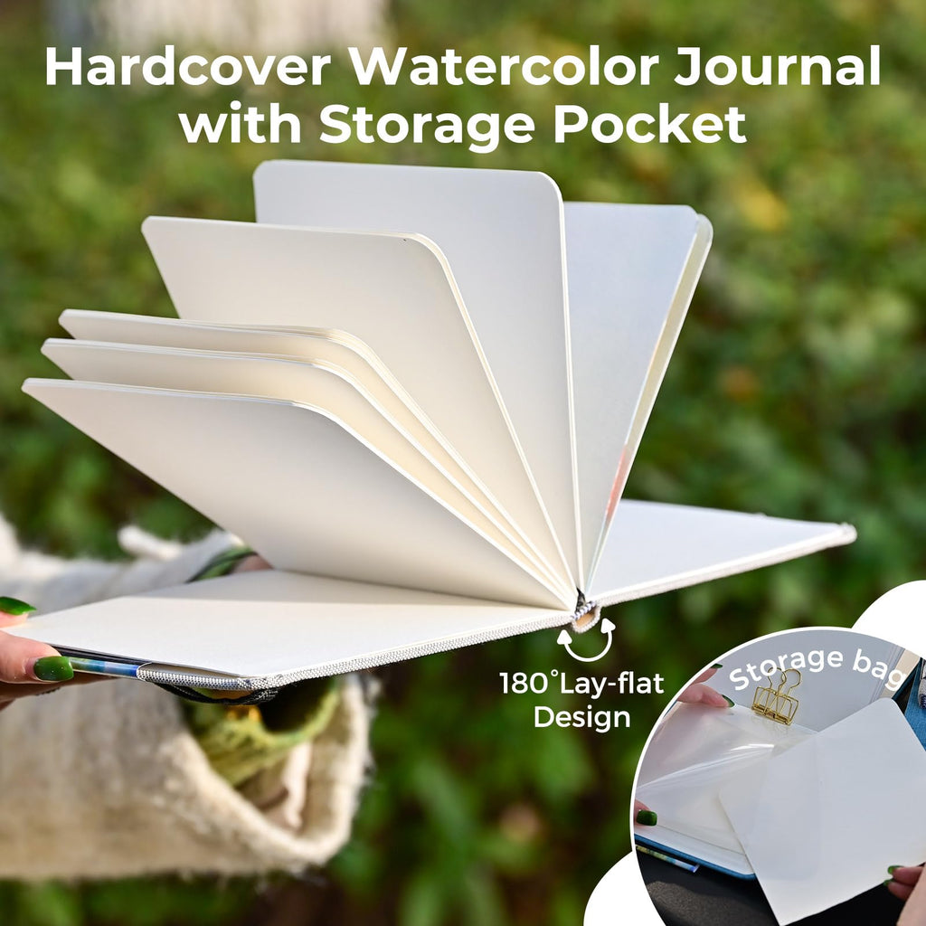 Funto Watercolor Journal, Square, Dual-Sided Cold-Pressed Paper, 5.5" x 5.5", Portable 2-Pack, 48 Pages Each, Elastic Band, 110 lb/230gsm, Art Supplies for Mixed Media