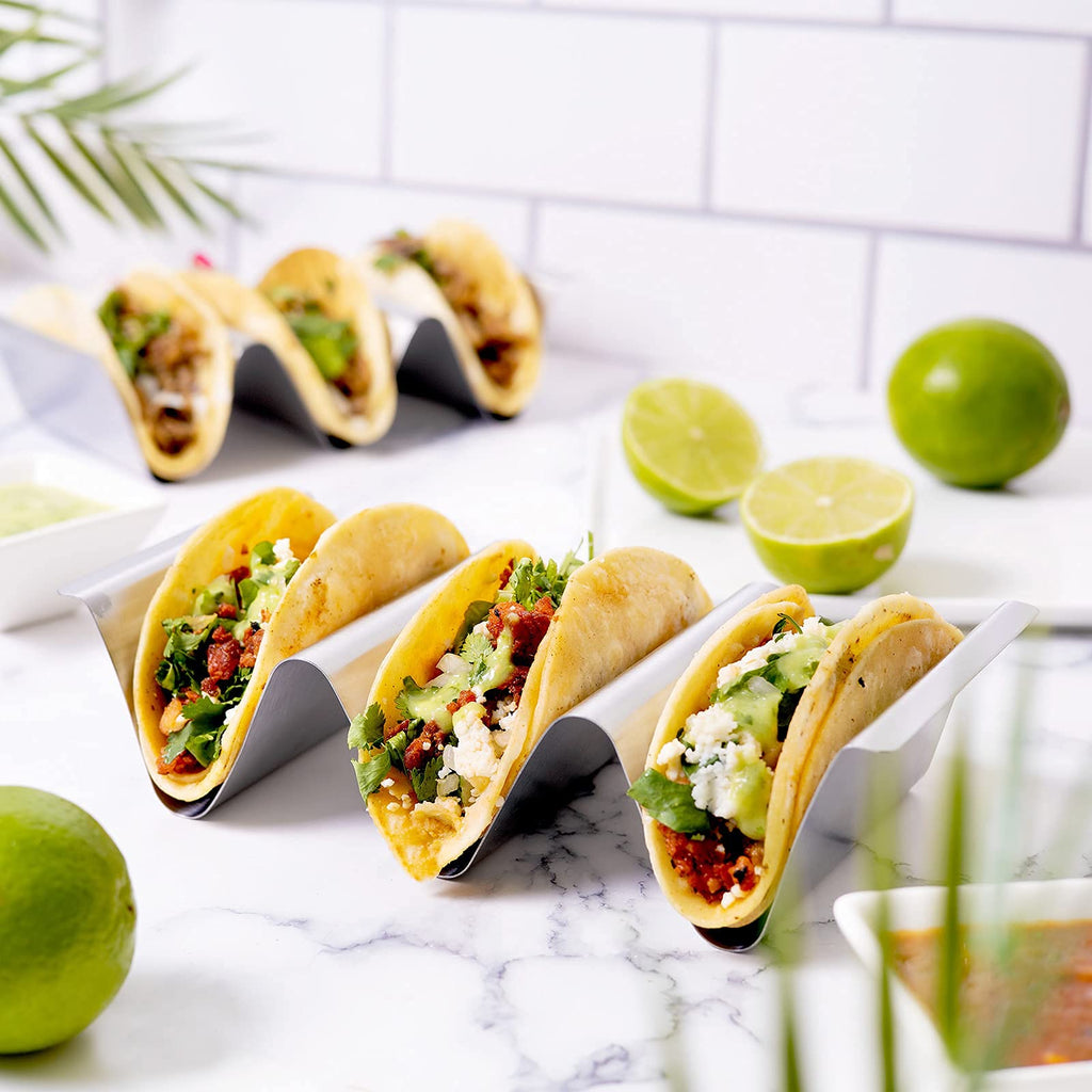 Stainless Steel Taco Holder Stand, Set of 6 - Stylish Rack Holds Up to 3 Tacos Each, Keeping Shells Upright - Oven, Grill and Dishwasher Safe