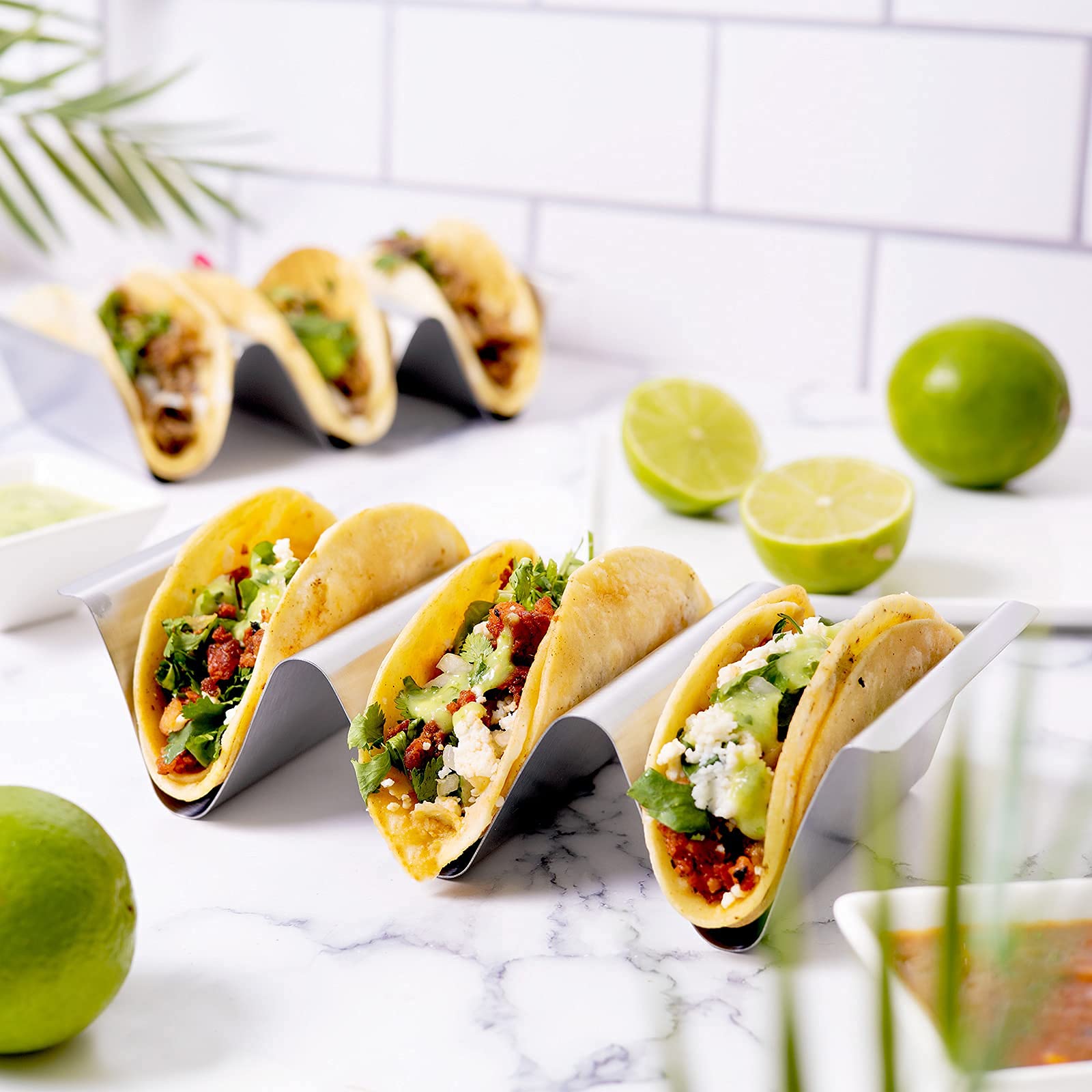 Stainless Steel Taco Holder Stand, Set of 6 - Stylish Rack Holds Up to 3 Tacos Each, Keeping Shells Upright - Oven, Grill and Dishwasher Safe