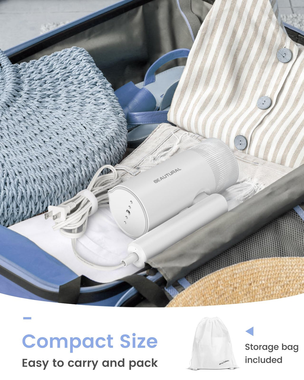 BEAUTURAL Steamer for Clothes, Foldable Handheld Clothing Wrinkles Remover for Garments, 30-Second Fast Heat-up, Portable Fabric Steamer for 120V Countries, Not for Use in 220V Such as Europe