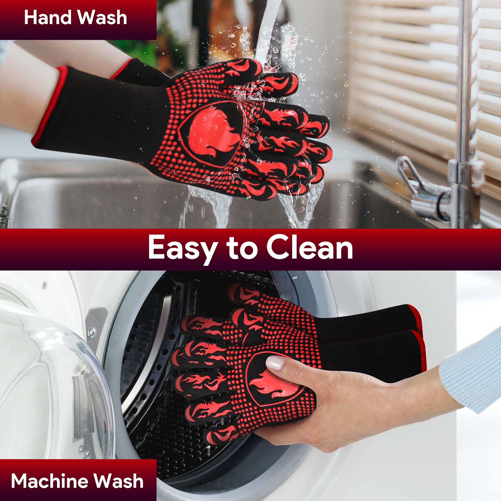 BBQ Gloves, Heat Resistant Oven Mitts Grilling Gloves - 1472℉ Extreme Heat Resistant, Oven Gloves Silicone - Cooking Gloves for Grilling, BBQ, Baking, Welding (A Pair)