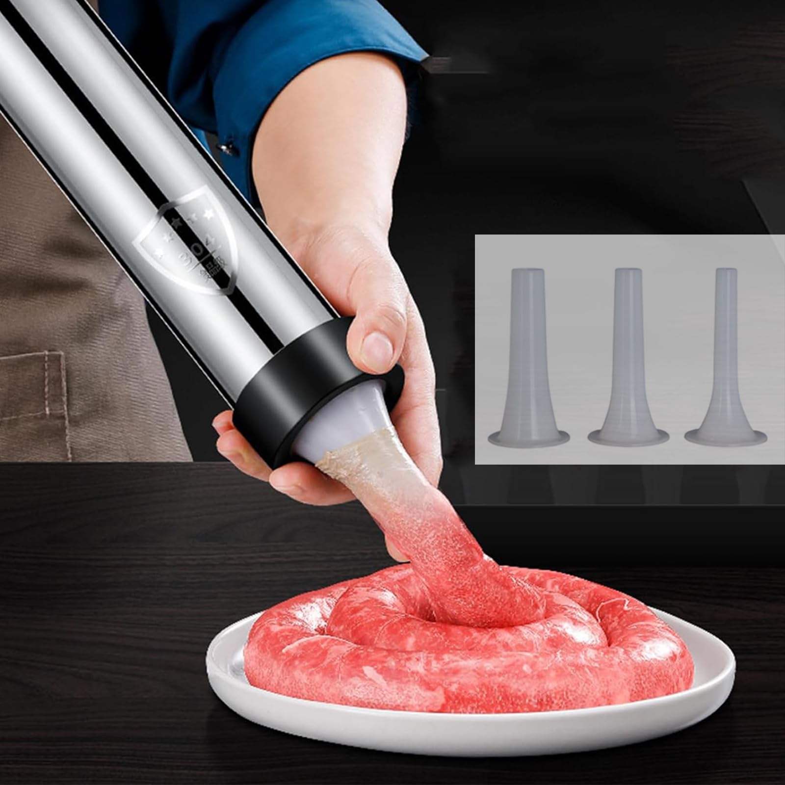 Sausage Stuffer Manual 304 Stainless Steel Sausage Maker Meat Stuffer Filler Hand Operated Salami Maker Sausage Filling Tool Funnel with 3 Nozzles