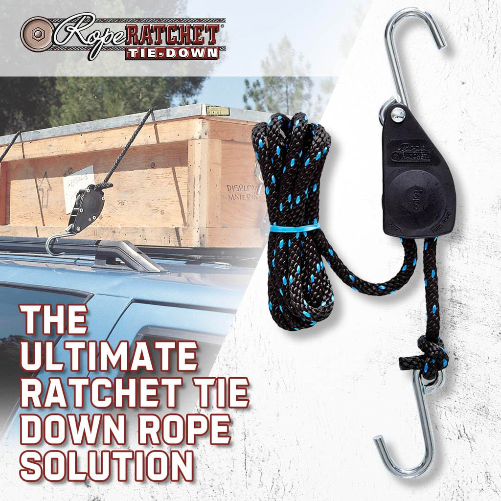 Rope Ratchet - 3/8" Ratchet Tie Down Rope, Block & Tackle Pulley System, Rope Hoist Hanger, Pulley Hoist with Hooks, 8' Braided Polypropylene Rope, 250 lbs Capacity