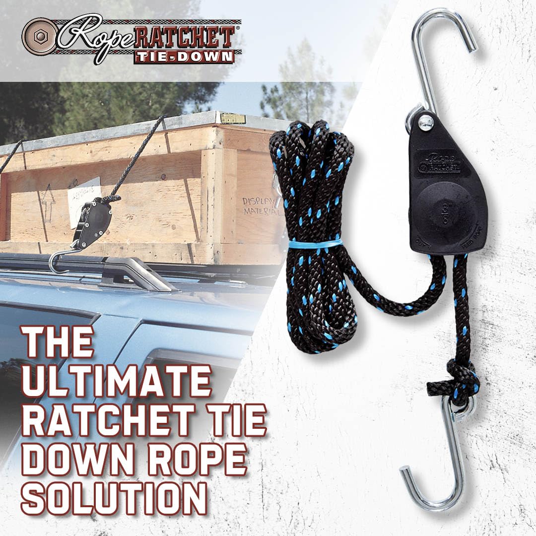 Rope Ratchet - 3/8" Ratchet Tie Down Rope, Block & Tackle Pulley System, Rope Hoist Hanger, Pulley Hoist with Hooks, 8' Braided Polypropylene Rope, 250 lbs Capacity