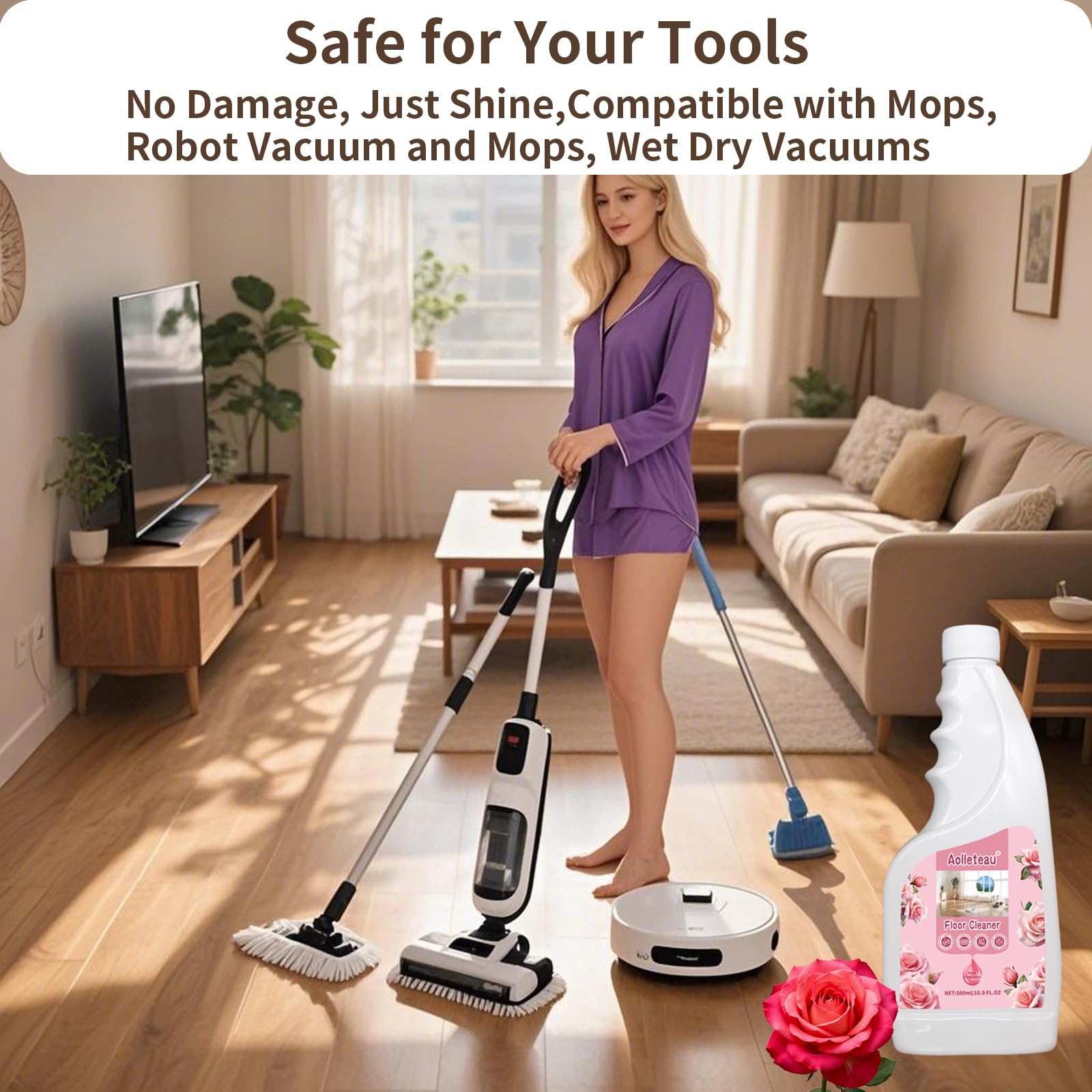 Robot Mop Cleaning Solution Concentrate Compatible with Robot Vaccum, Wet Dry Vacuums, for Roborock, Tineco, Dreame, Narwal, Shark, Bissell Mops, 500ml, Dilution Ratio 1:200, Rose Scent (Pack of 1)