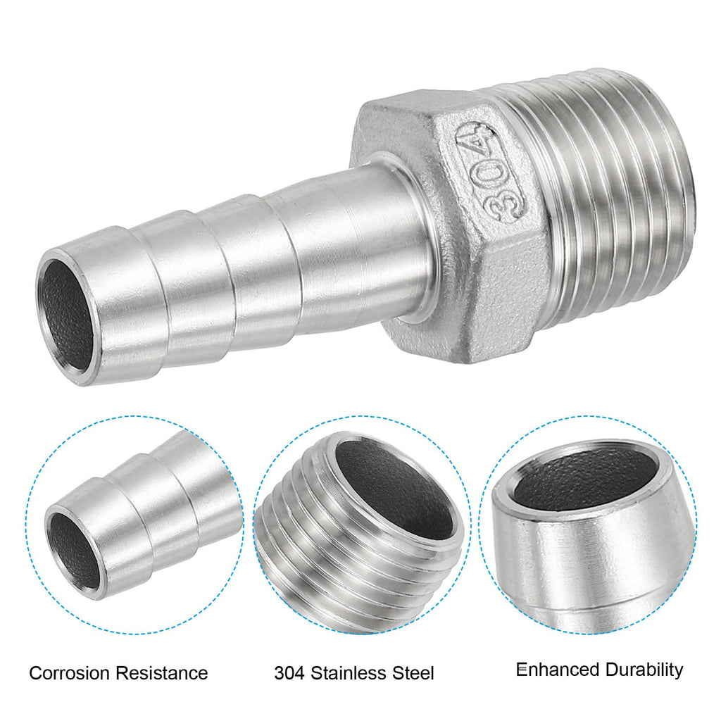 PATIKIL 304 Stainless Steel Barb Hose Fitting, 2 Pack 1/2" Hose Barb x 1/2" NPT Thread Pipe Connector Adapter Quick Fittings for Bore Air Water Connecting
