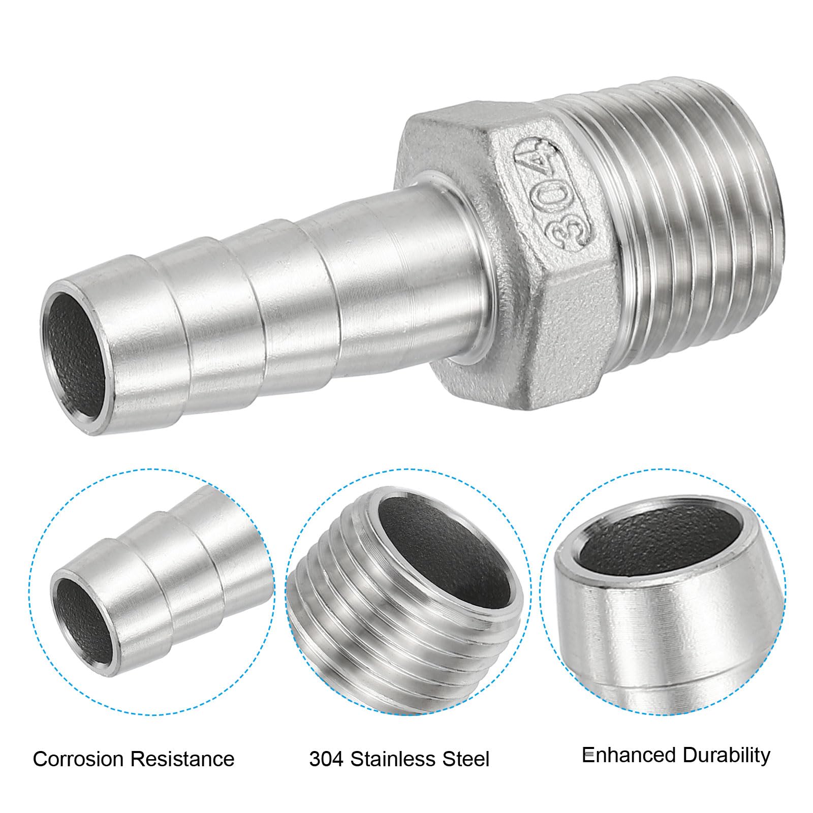 PATIKIL 304 Stainless Steel Barb Hose Fitting, 2 Pack 1/2" Hose Barb x 1/2" NPT Thread Pipe Connector Adapter Quick Fittings for Bore Air Water Connecting