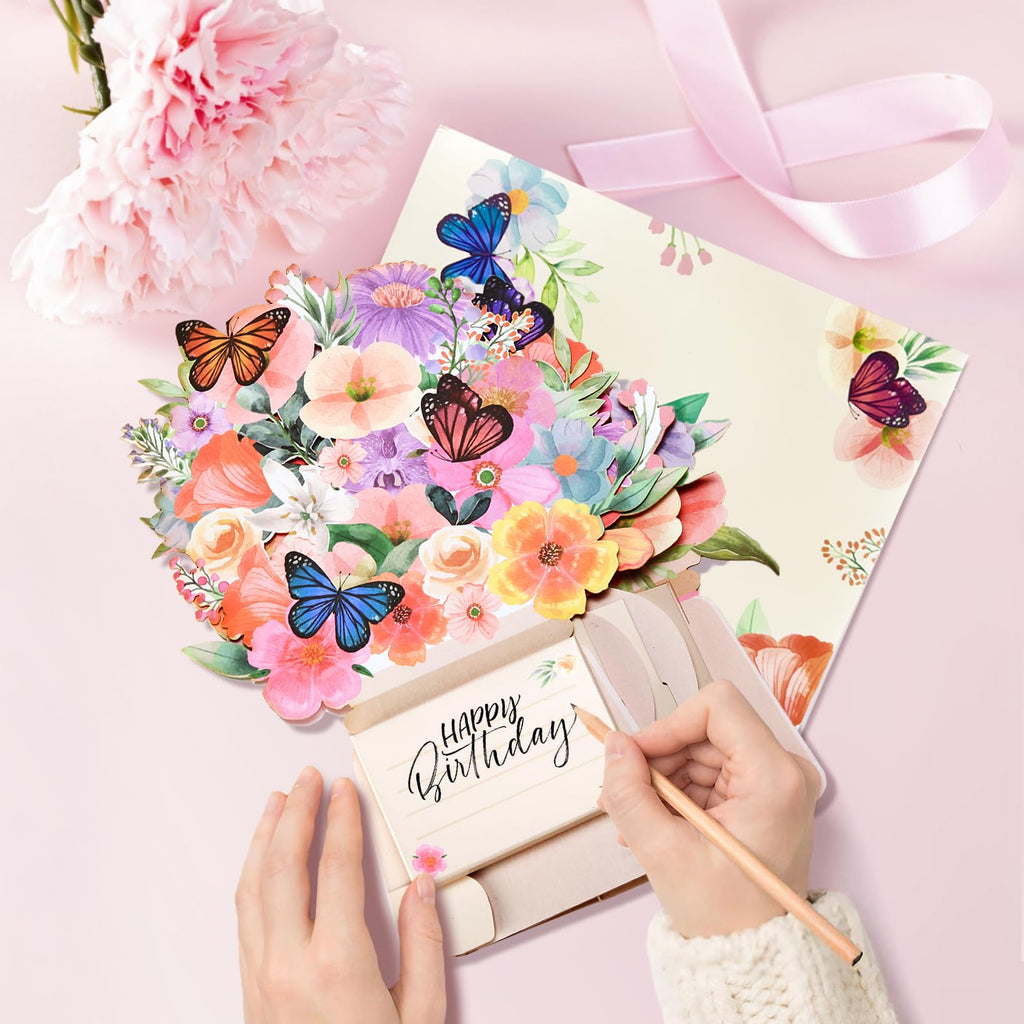 Yinqing Birthday Cards, Light and Music Happy Birthday Card, Lily and Butterflies, 10 Inch Life Sized Forever Flower Bouquet 3D Pop Up Birthday Gift Card for Women Wife Mom Daughter Sister