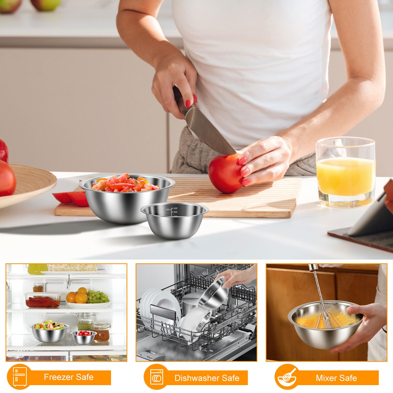 KOUISYY 5PCS Stainless Steel Mixing Bowls Set with Measurement Lines, Kitchen Nesting Bowls for Baking Prepping Cooking Serving Salad Vegetables, Food-Grade Breader Bowl Size 4.5, 3, 2, 1.5, 0.7 QT