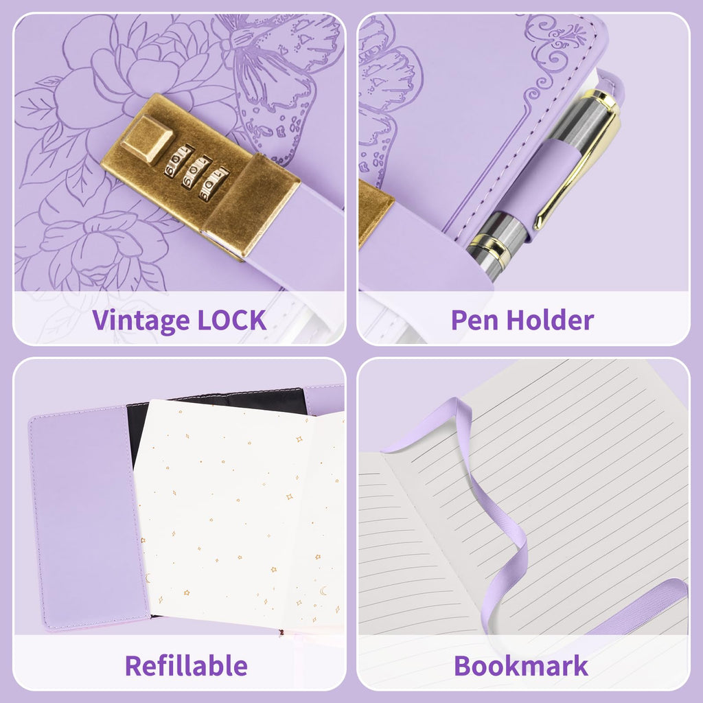 Diary with Lock, Vintage Lock Journal for Women and Girls, Hardcover Leather Journal for Gift, Refillable Lined Journal Notebook,5.2"x 7.3", （LightPurple）