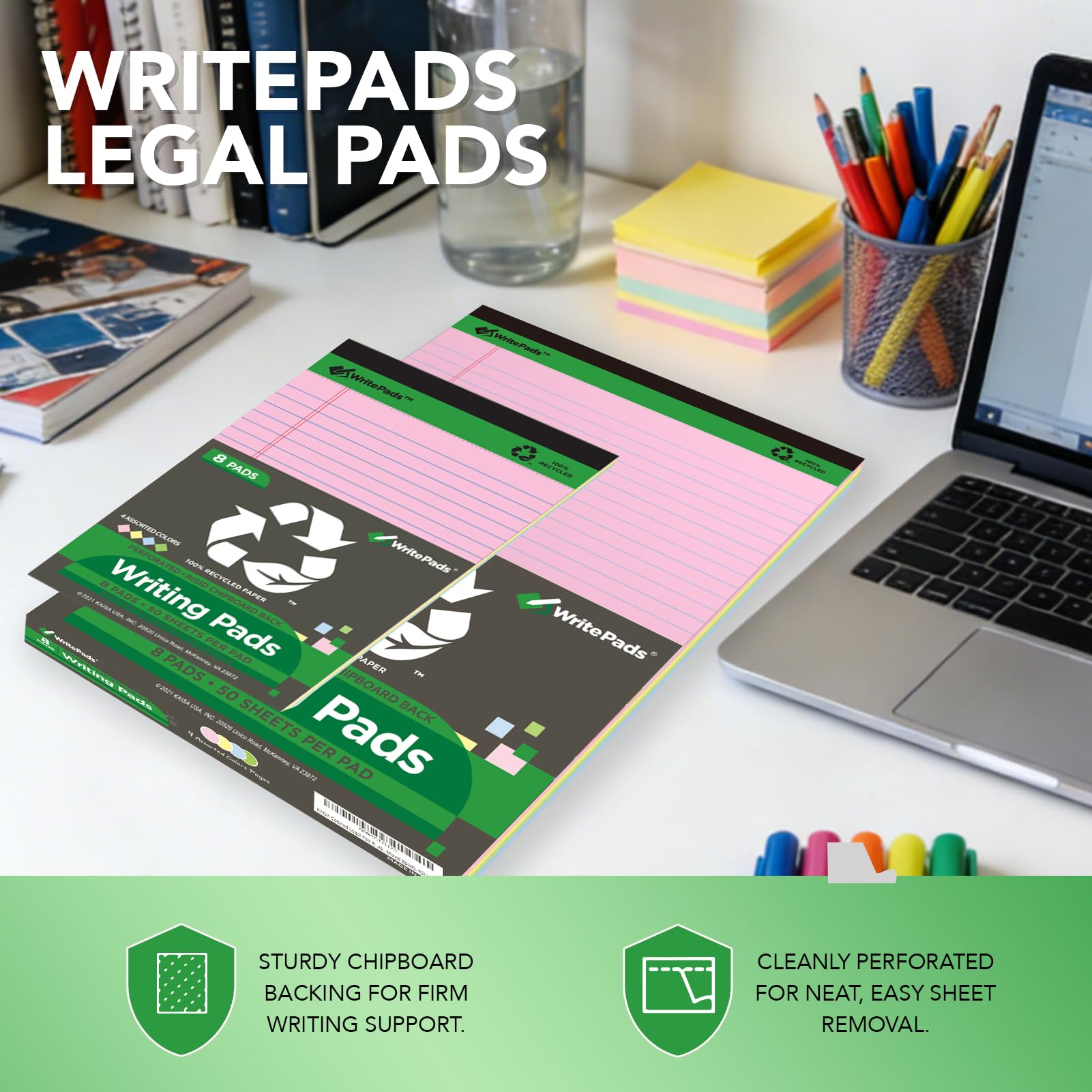 KAISA Colored Legal Pad 15lb Recycled Paper Writing Pad, 4pcs 5"x8" Legal Ruled and 4pcs 8.5" x 11.75" Wide Ruled, 50 Sheets, Mixed 8-Pack, KSU-7358