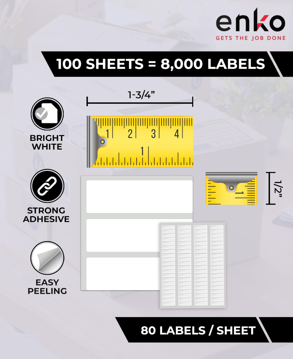 enKo 8000 Labels, 1/2" x 1-3/4" - White - Address, Mailing, Shipping & Barcode Blank Labels for Laser and Inkjet Printers