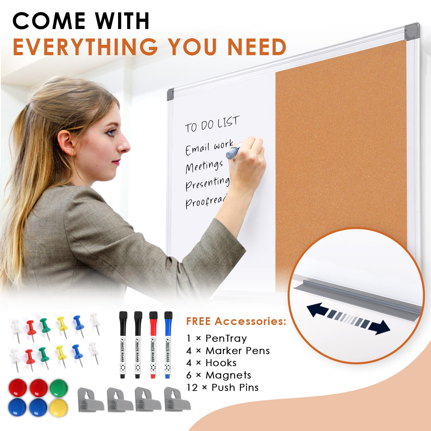 Cork Board and Dry Erase Board Combo Bulletin Board Combination Magnetic WhiteBoard Pin Notice Board for Home Office School with 4 Dry Erase Maker+6 Magnets+12 Pushpins, 24x18inches
